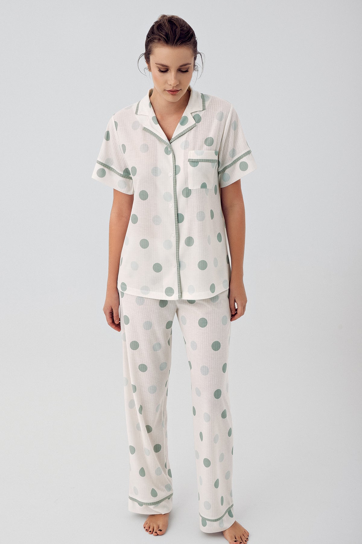 Shopymommy 16310 Polka Dot 3-Pieces Maternity & Nursing Pajamas With Robe Green