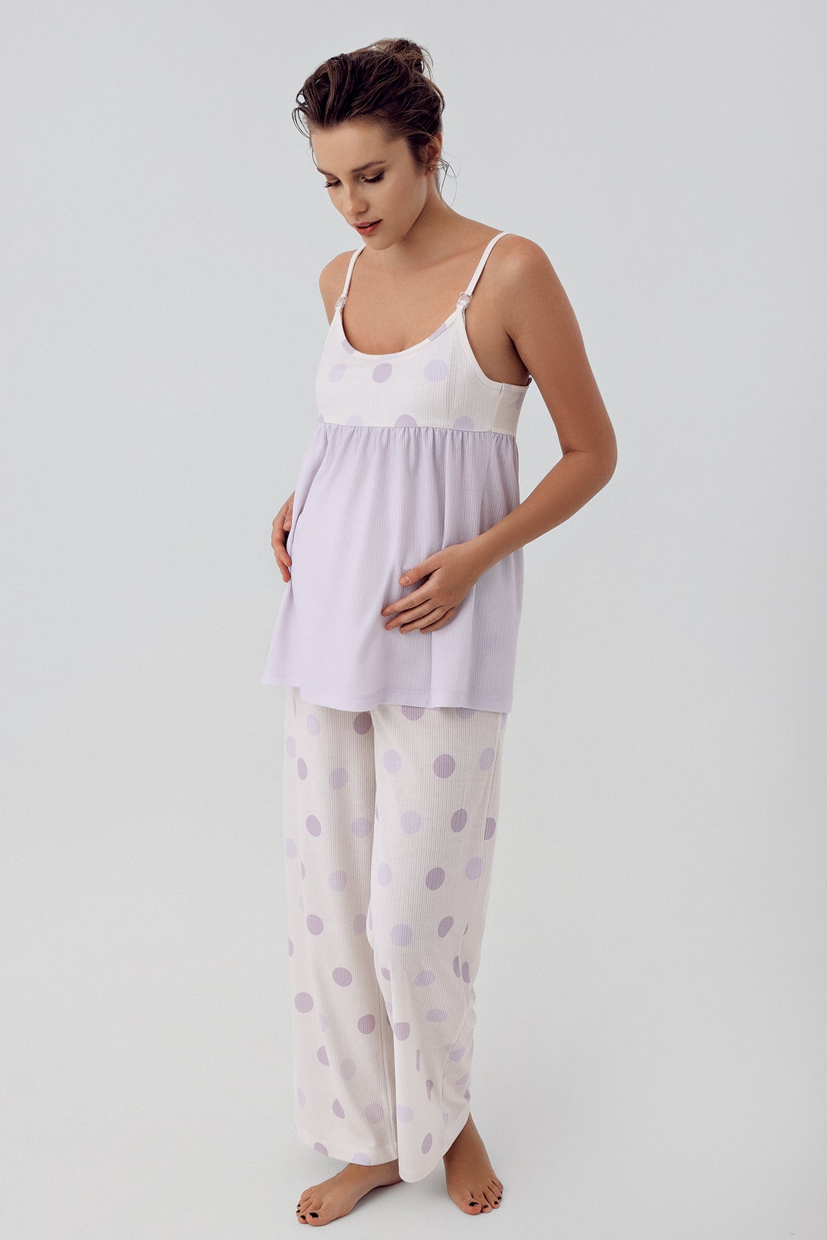 Shopymommy 16301 Polka Dot 3-Pieces Maternity & Nursing Pajamas With Robe Lilac