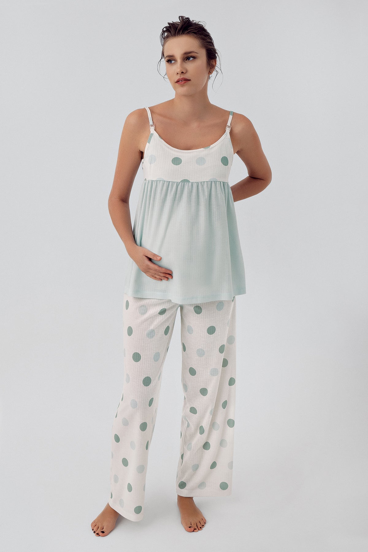 Shopymommy 16301 Polka Dot 3-Pieces Maternity & Nursing Pajamas With Robe Green