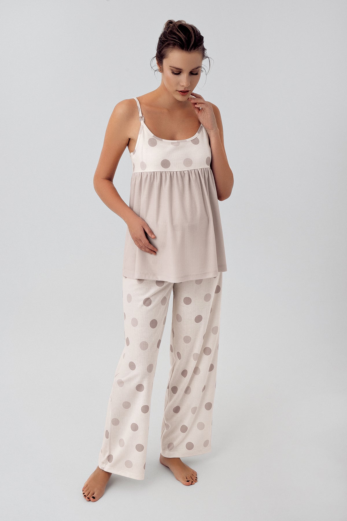 Shopymommy 16201 Polka Dot Strap Maternity & Nursing Pajamas Beige