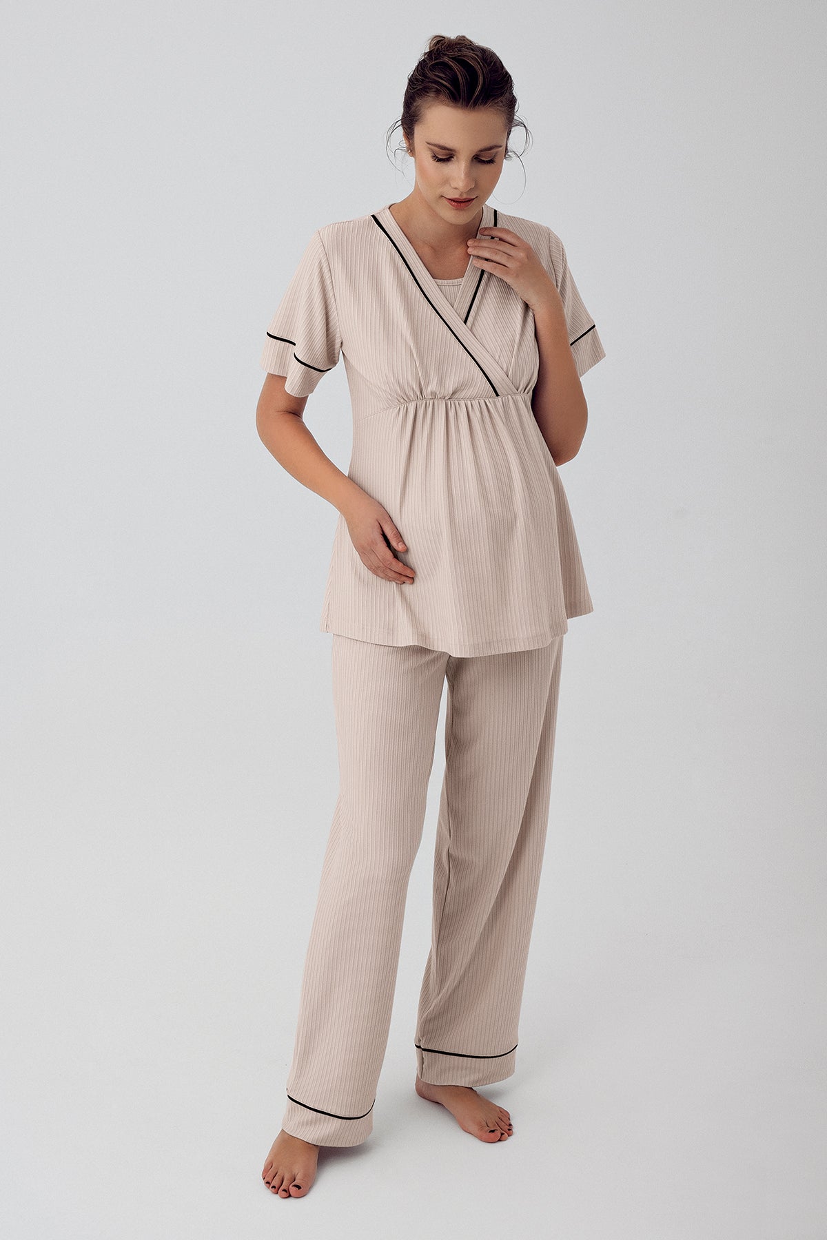 Shopymommy 16202 Double Breasted Maternity & Nursing Pajamas Beige