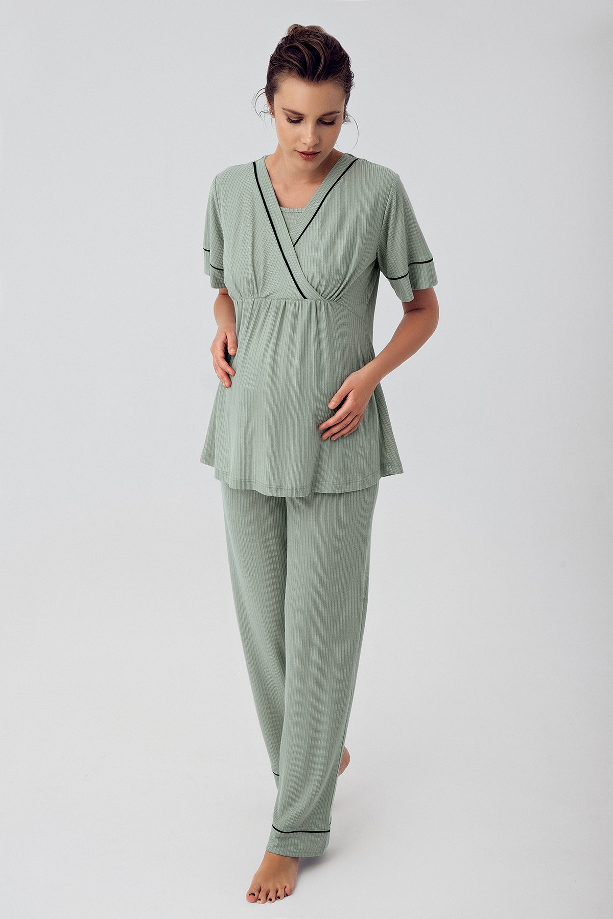 Shopymommy 16202 Double Breasted Maternity & Nursing Pajamas Green
