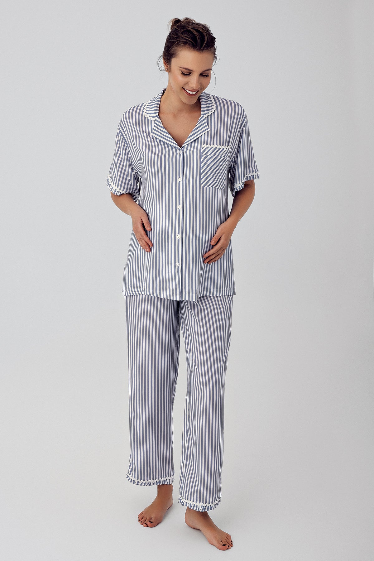 Shopymommy 16203 Striped Maternity & Nursing Pajamas Indigo