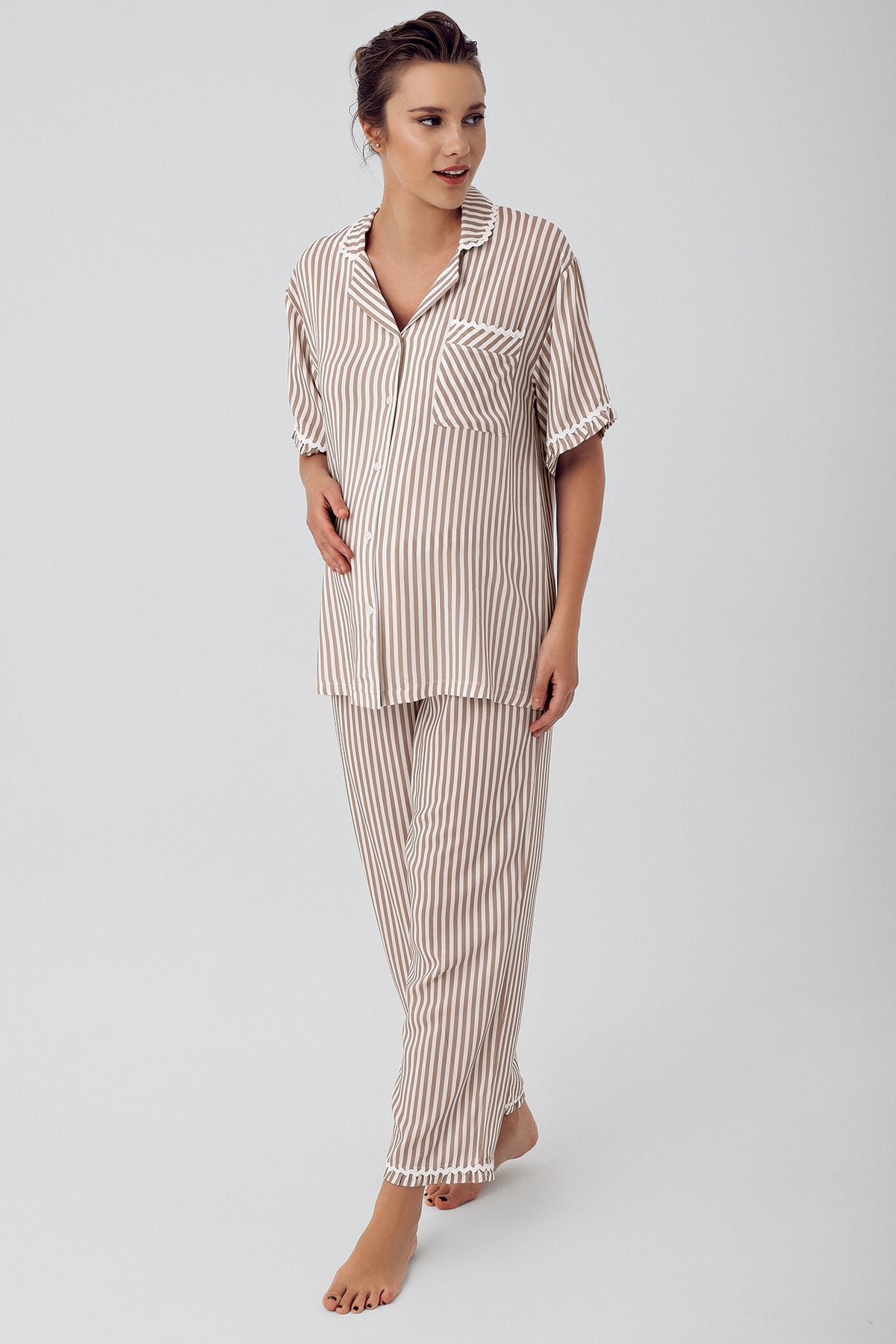 Shopymommy 16203 Striped Maternity & Nursing Pajamas Beige