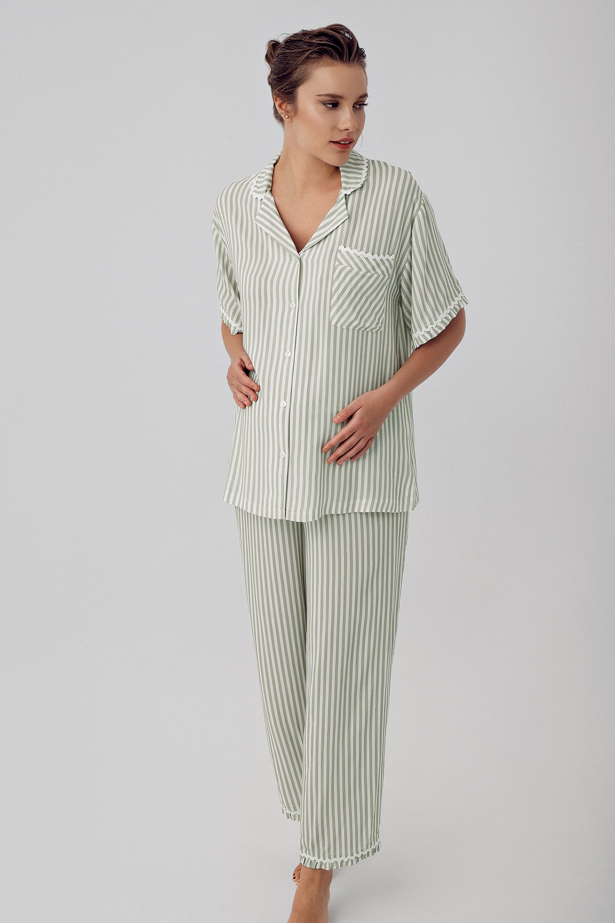 Shopymommy 16203 Striped Maternity & Nursing Pajamas Green