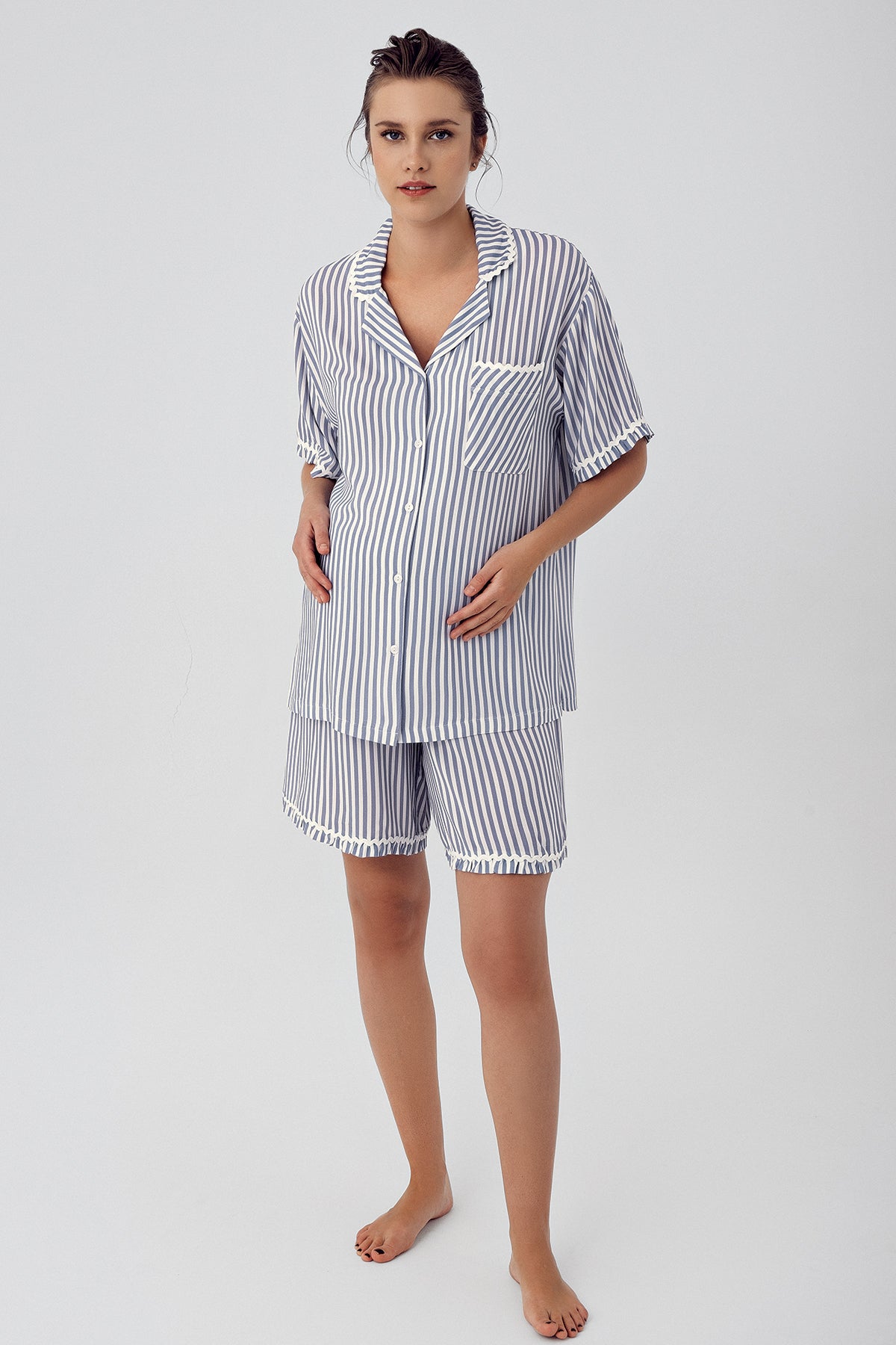 Shopymommy 16204 Striped Maternity & Nursing Shorts Set Indigo