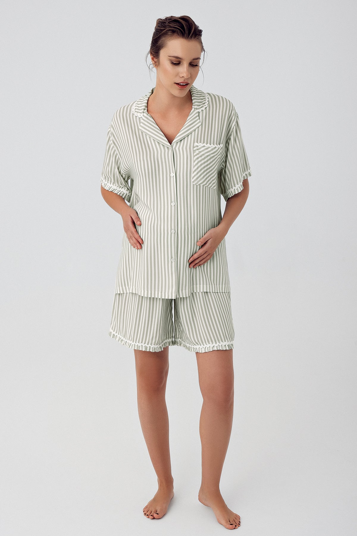 Shopymommy 16204 Striped Maternity & Nursing Shorts Set Green