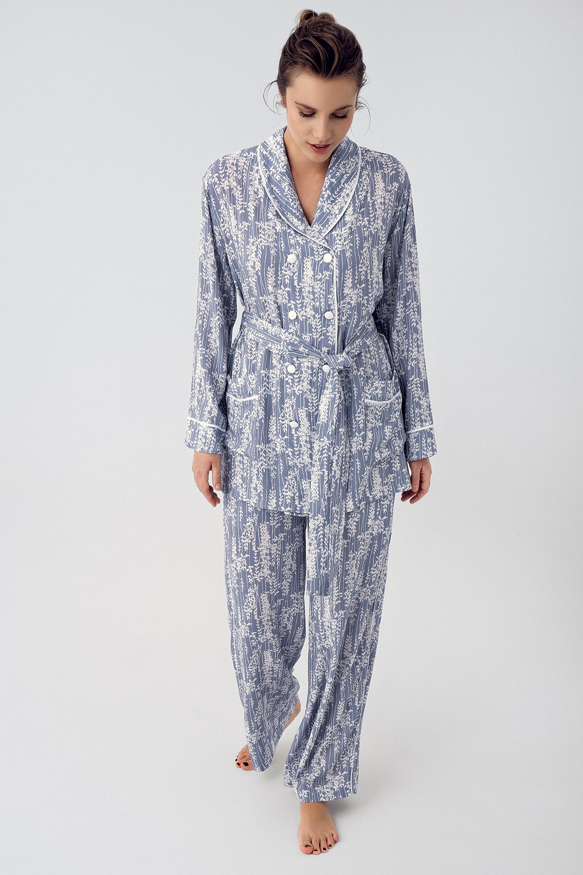 Shopymommy 16205 Woven Kimono Maternity & Nursing Pajamas Indigo