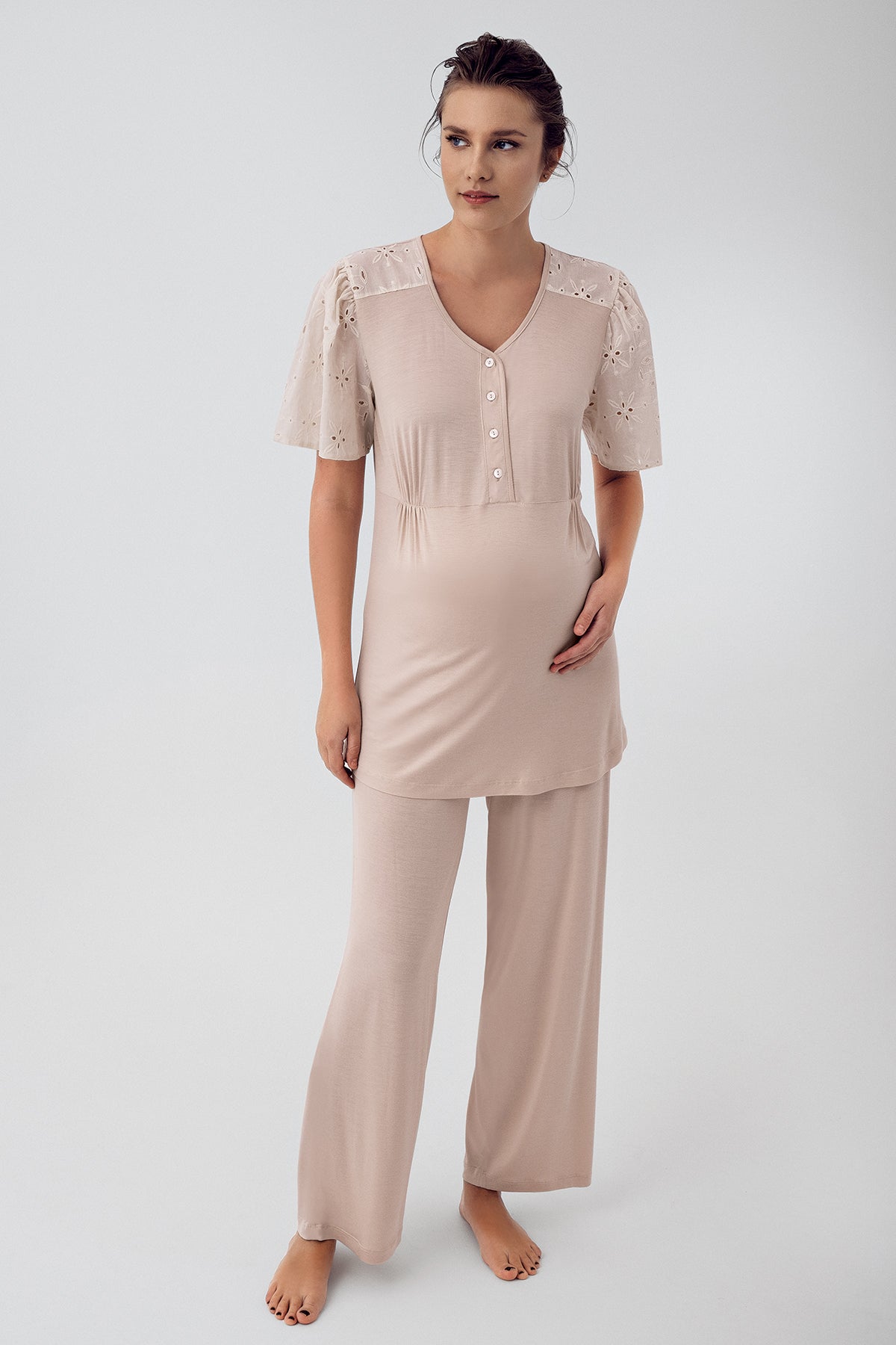 Shopymommy 16206 Lace Sleeve Maternity & Nursing Pajamas Beige