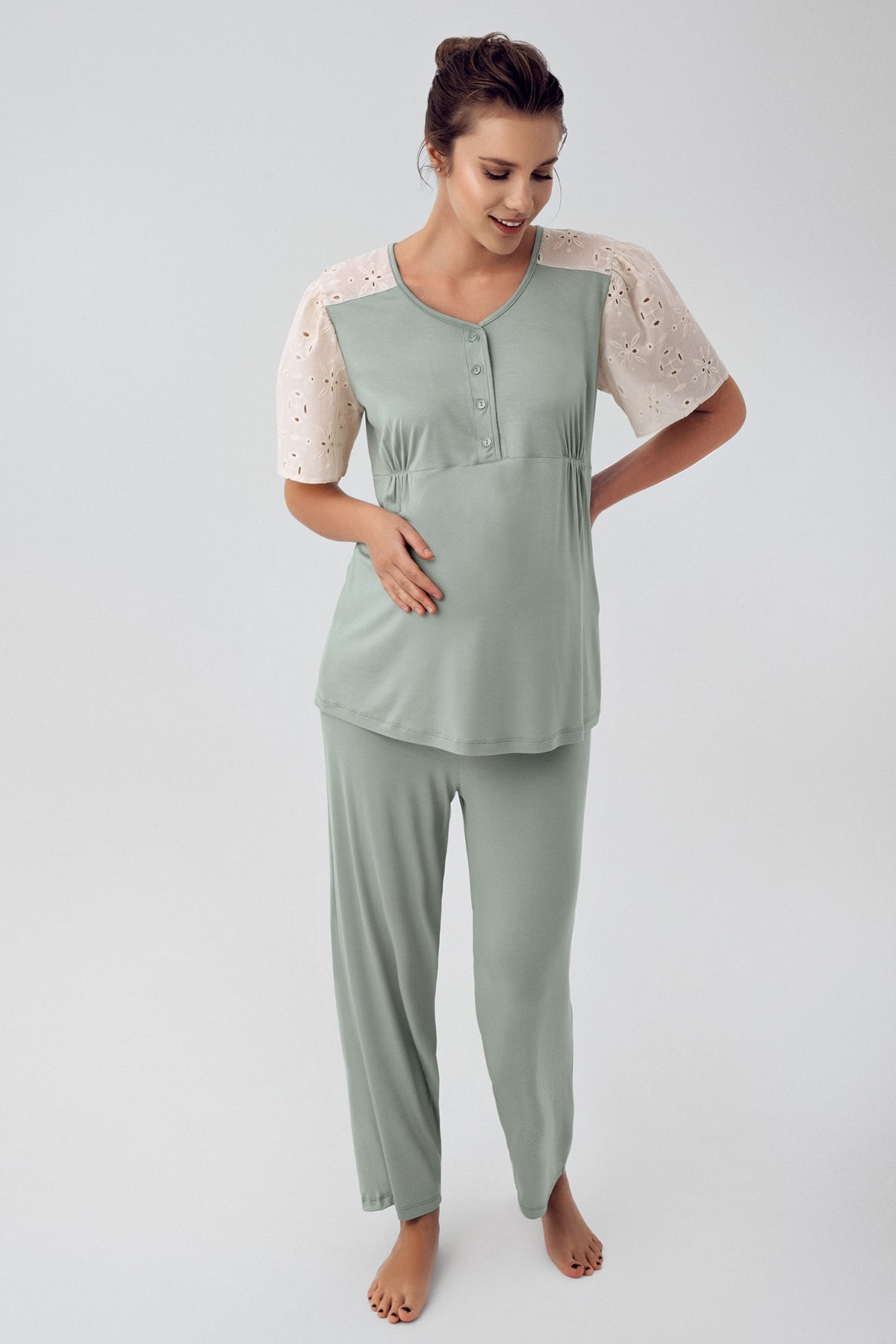 Shopymommy 16206 Lace Sleeve Maternity & Nursing Pajamas Green