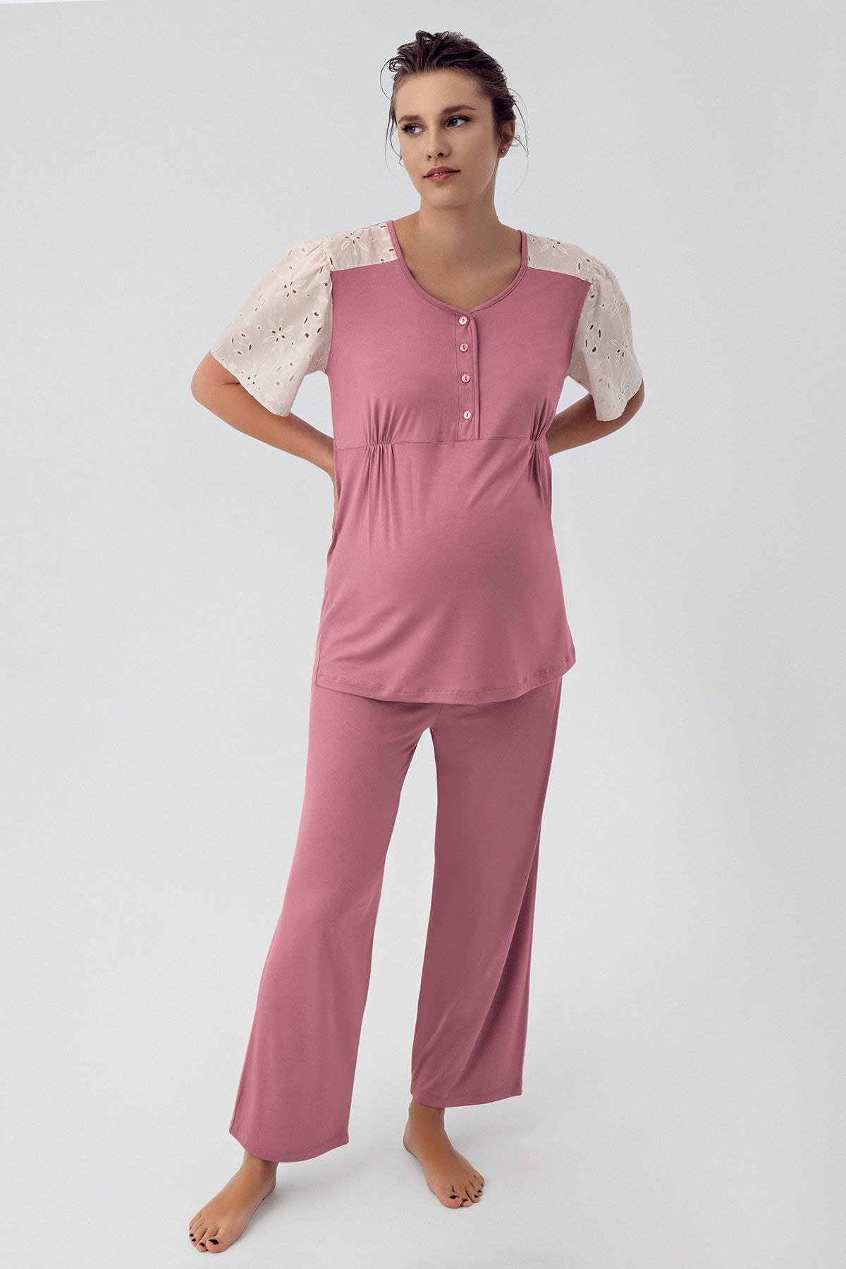 Shopymommy 16206 Lace Sleeve Maternity & Nursing Pajamas Dried Rose