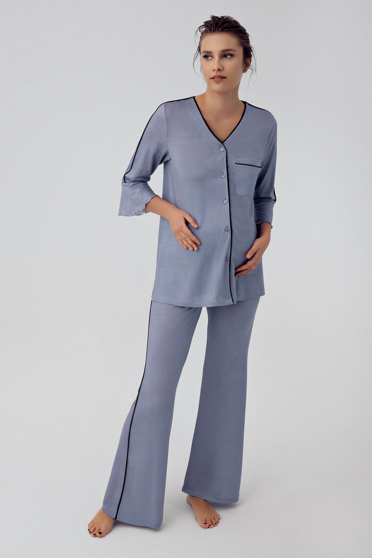 Shopymommy 16207 Strip Maternity & Nursing Pajamas Indigo