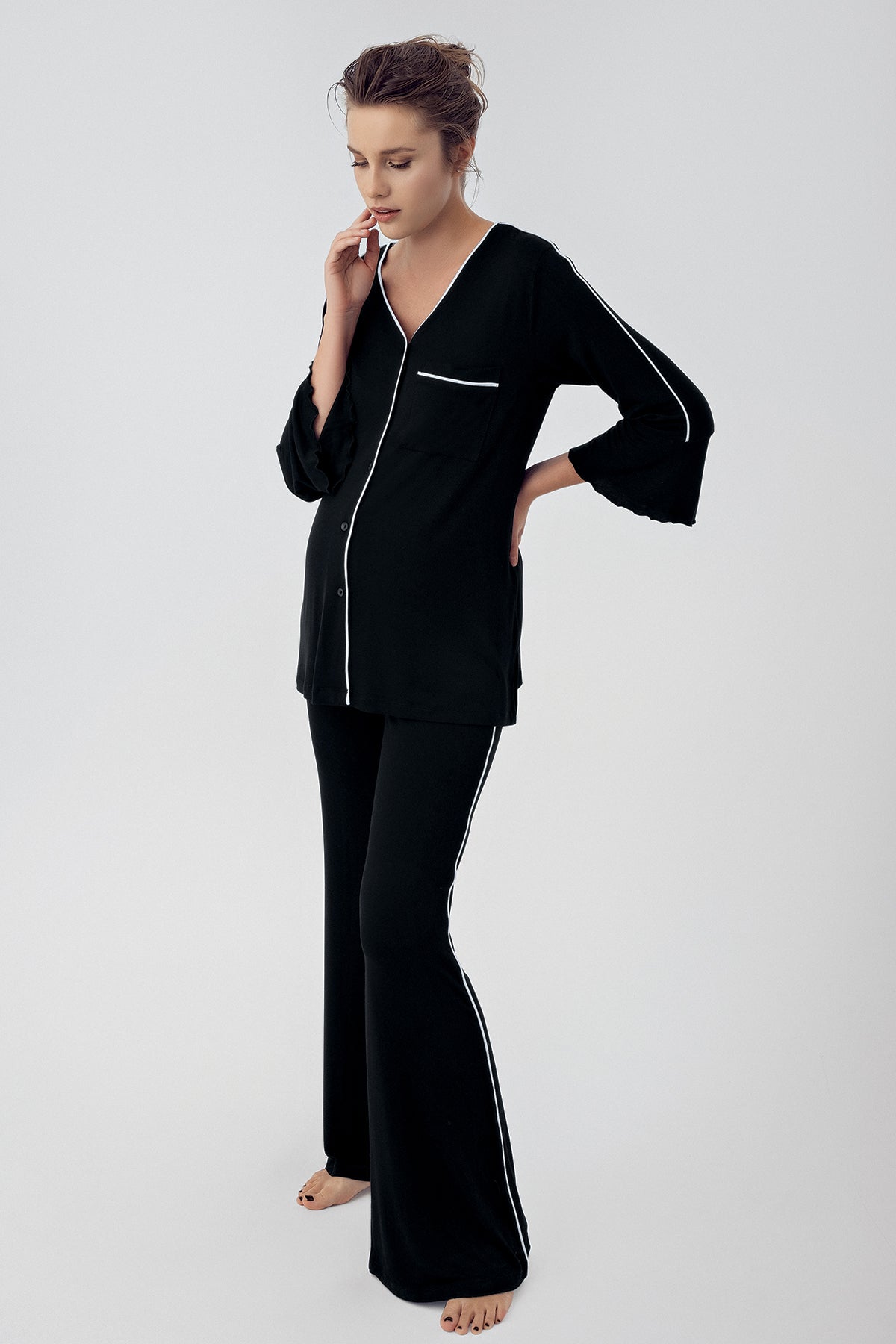 Shopymommy 16207 Strip Maternity & Nursing Pajamas Black