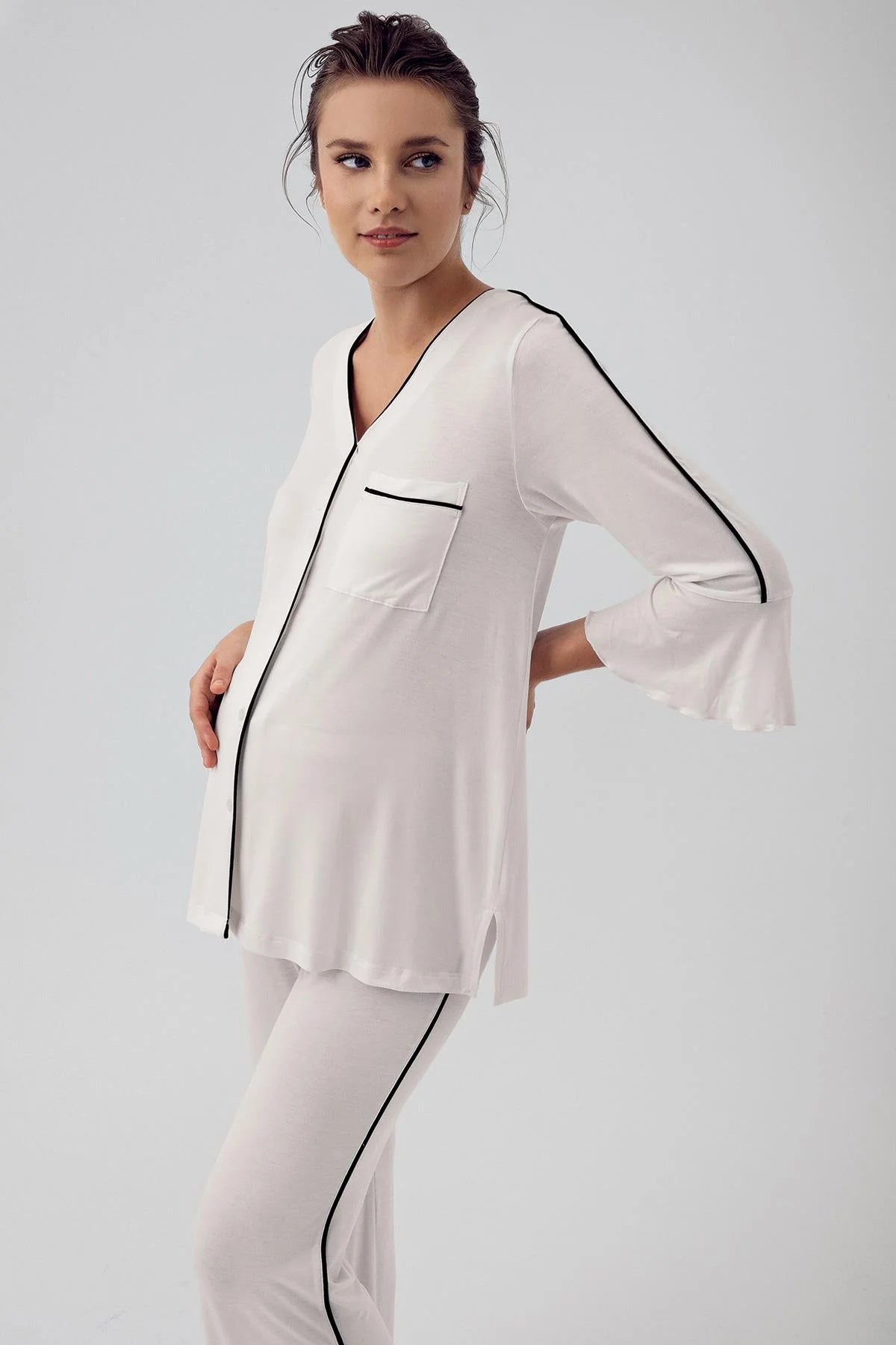 Shopymommy 16207 Strip Maternity & Nursing Pajamas Ecru