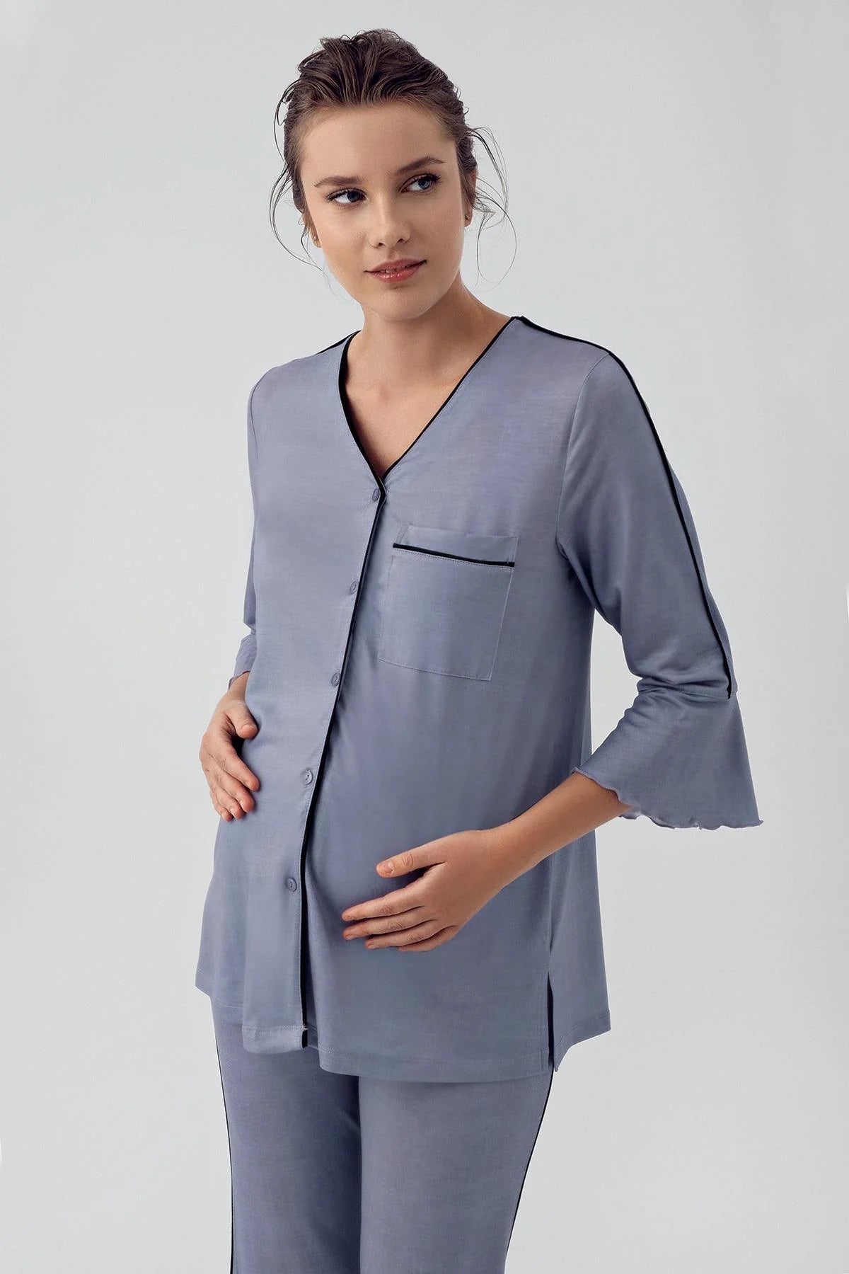 Shopymommy 16207 Strip Maternity & Nursing Pajamas Indigo