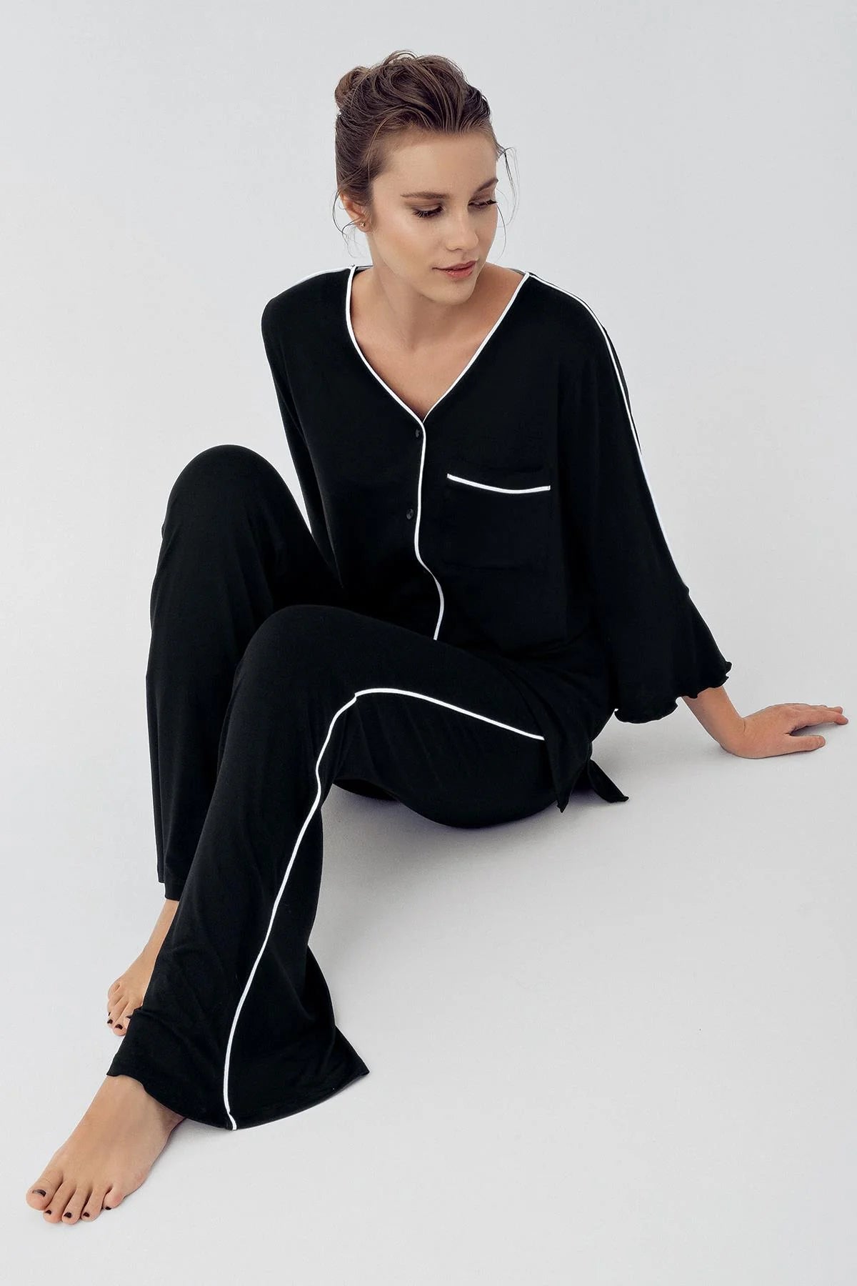 Shopymommy 16207 Strip Maternity & Nursing Pajamas Black