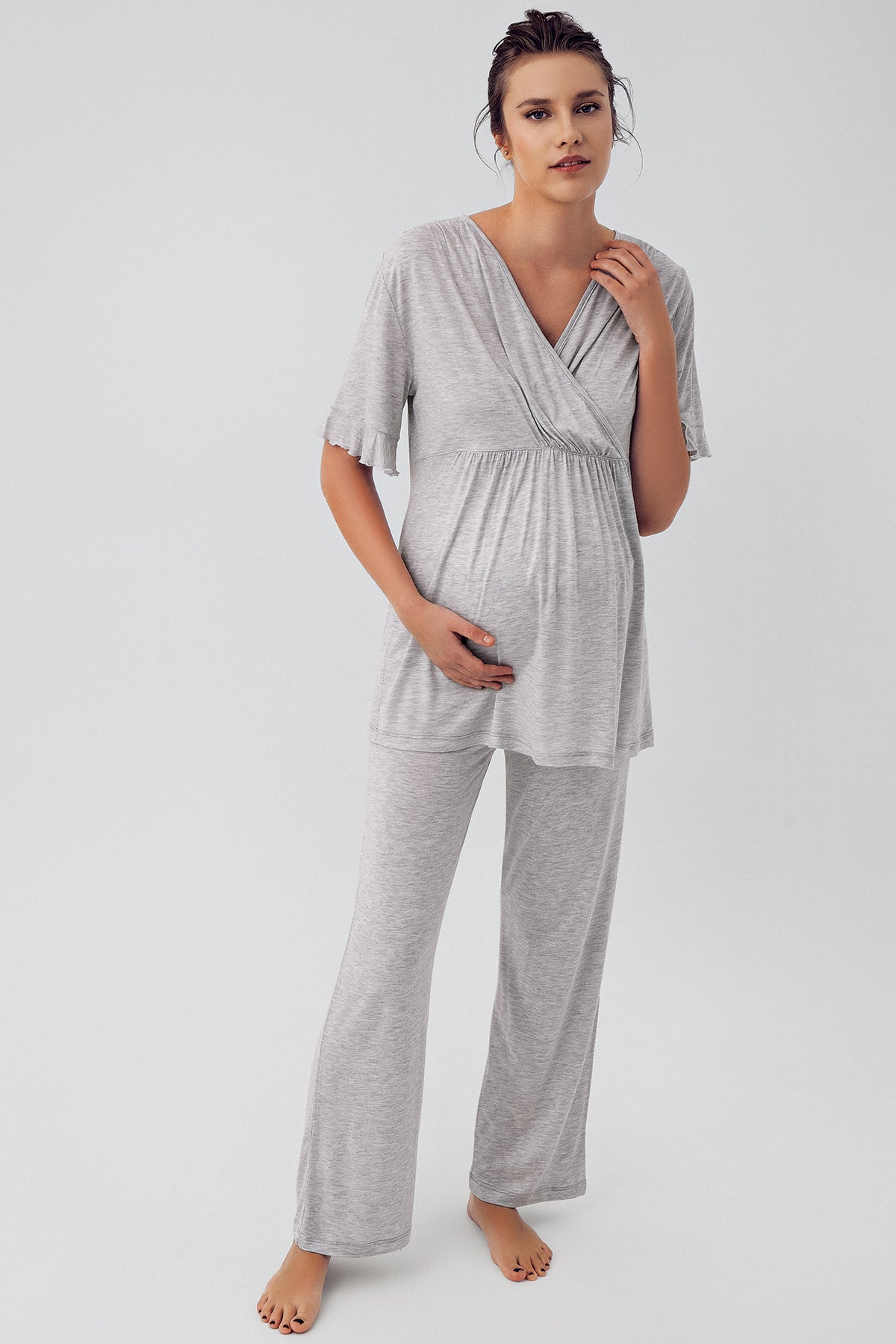 Shopymommy 16309 Double Breasted 3-Pieces Maternity & Nursing Pajamas With Flywheel Arm Robe Grey