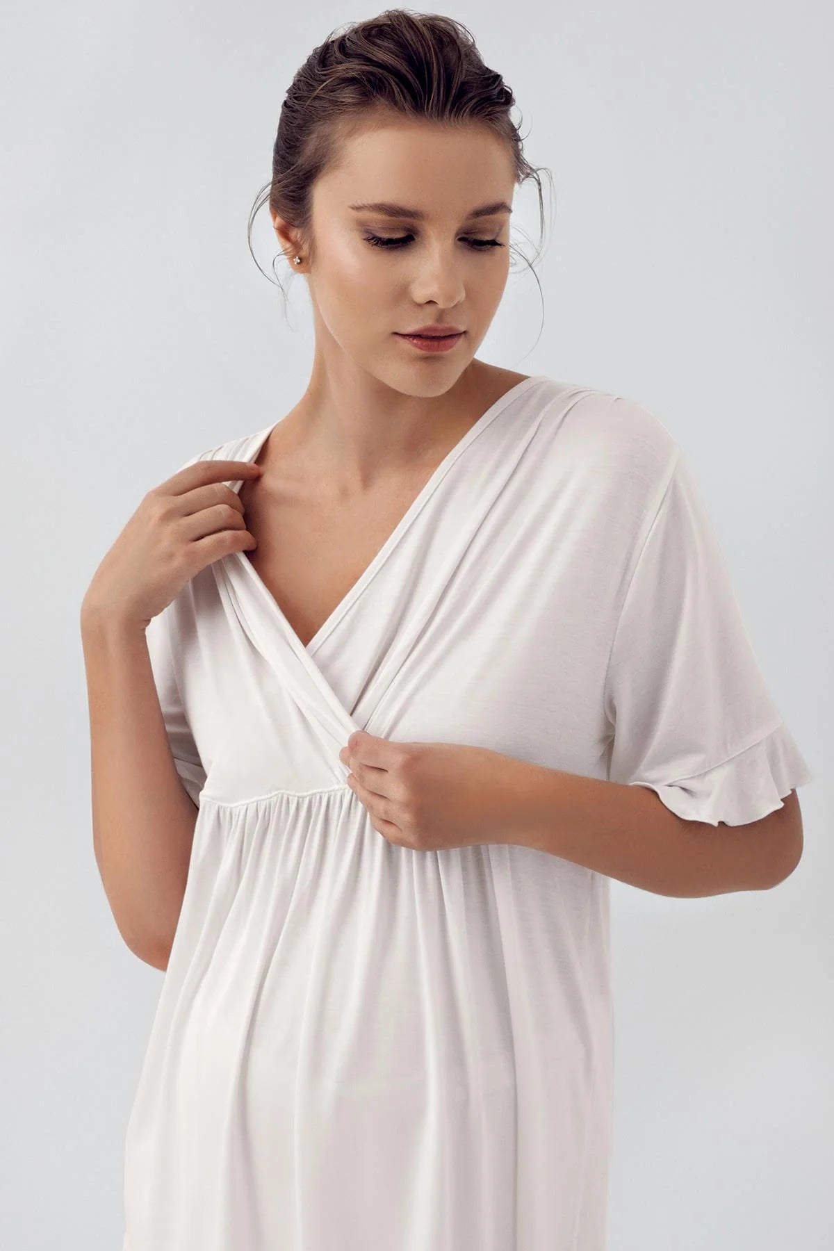 Shopymommy 16209 Double Breasted Maternity & Nursing Pajamas Ecru