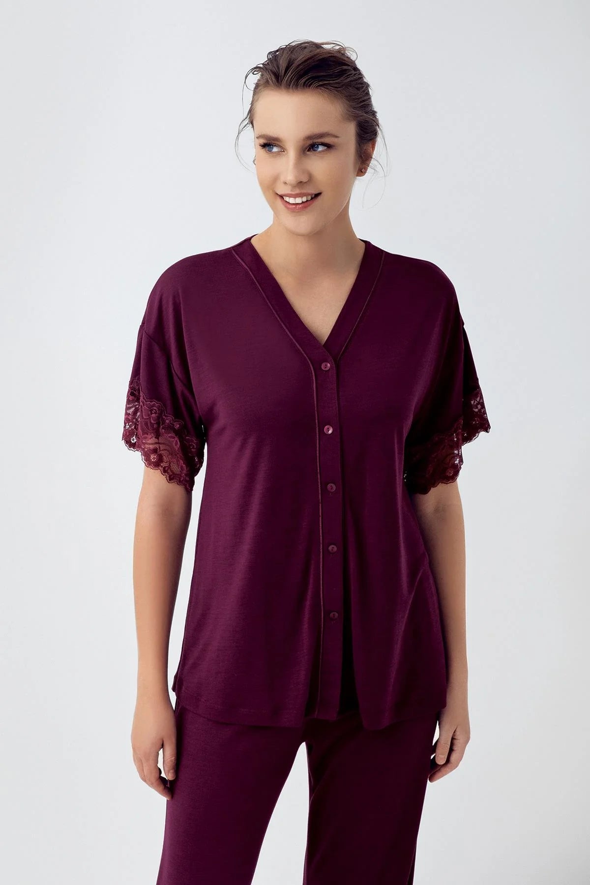 Shopymommy 5776 Lace Sleeve Maternity & Nursing Nightgown With Robe Purple