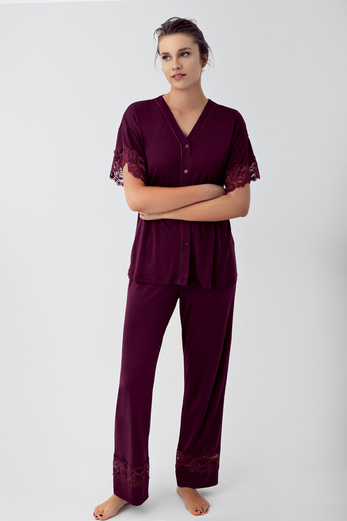 Shopymommy 16211 Lace Sleeve Maternity & Nursing Pajamas Plum