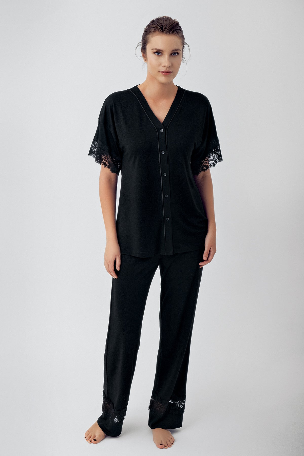 Shopymommy 16211 Lace Sleeve Maternity & Nursing Pajamas Black
