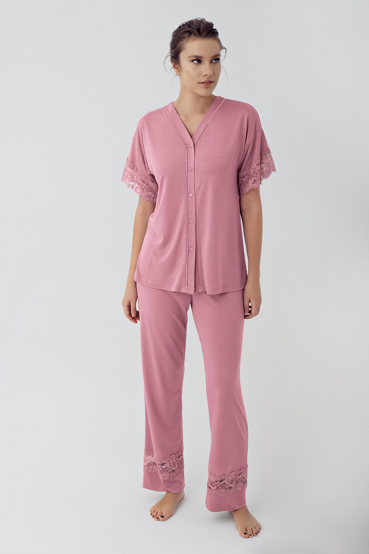 Shopymommy 16211 Lace Sleeve Maternity & Nursing Pajamas Dried Rose