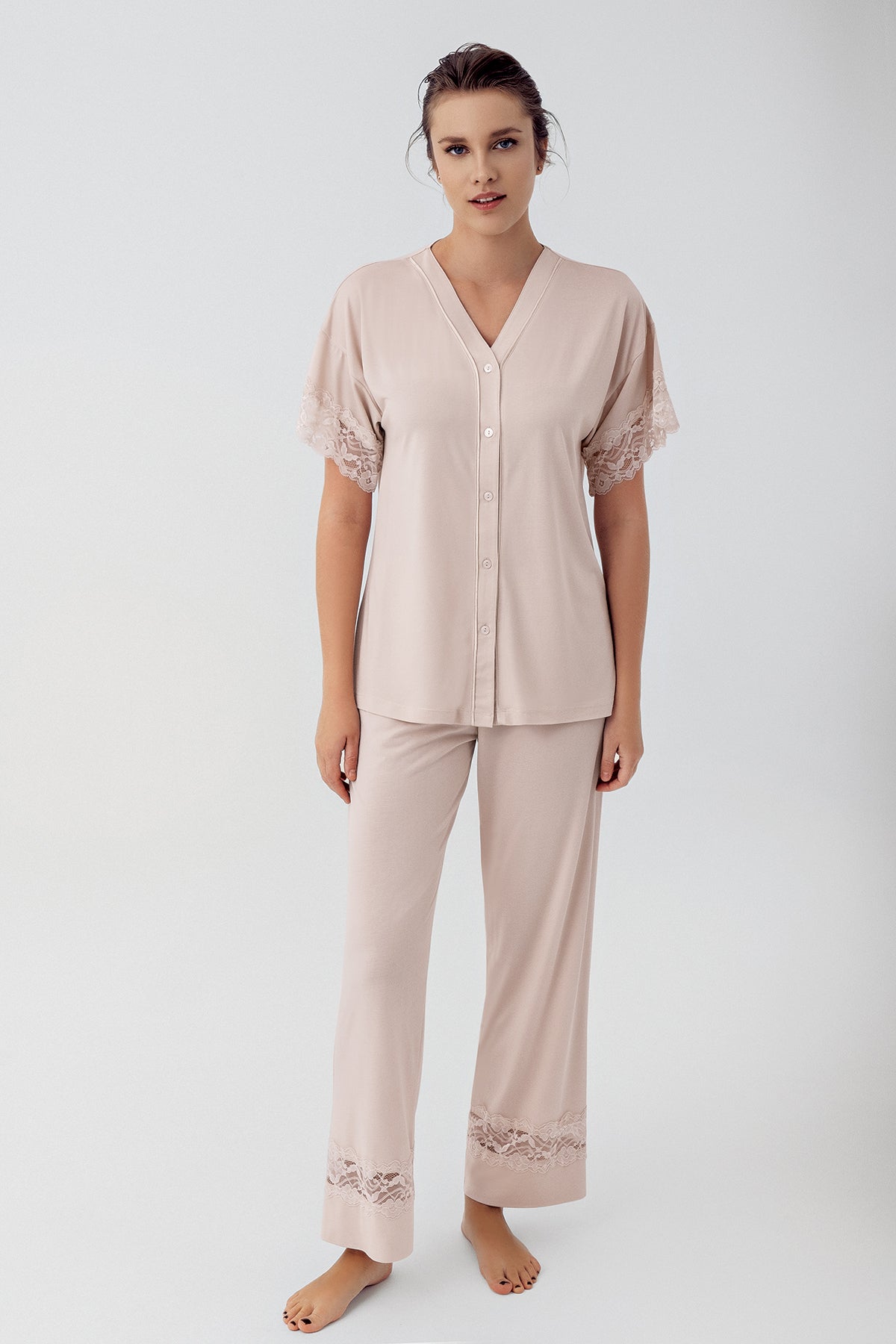 Shopymommy 16211 Lace Sleeve Maternity & Nursing Pajamas Beige