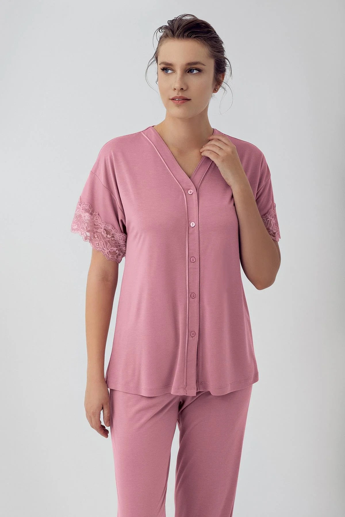 Shopymommy 16211 Lace Sleeve Maternity & Nursing Pajamas Dried Rose