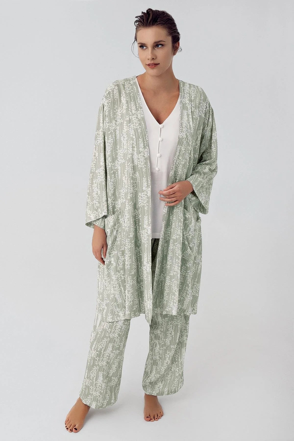 Shopymommy 16300 3-Pieces Maternity & Nursing Pajamas With Patterned Robe Green