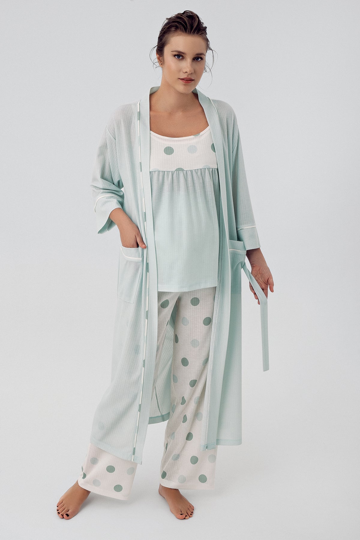Shopymommy 16301 Polka Dot 3-Pieces Maternity & Nursing Pajamas With Robe Green