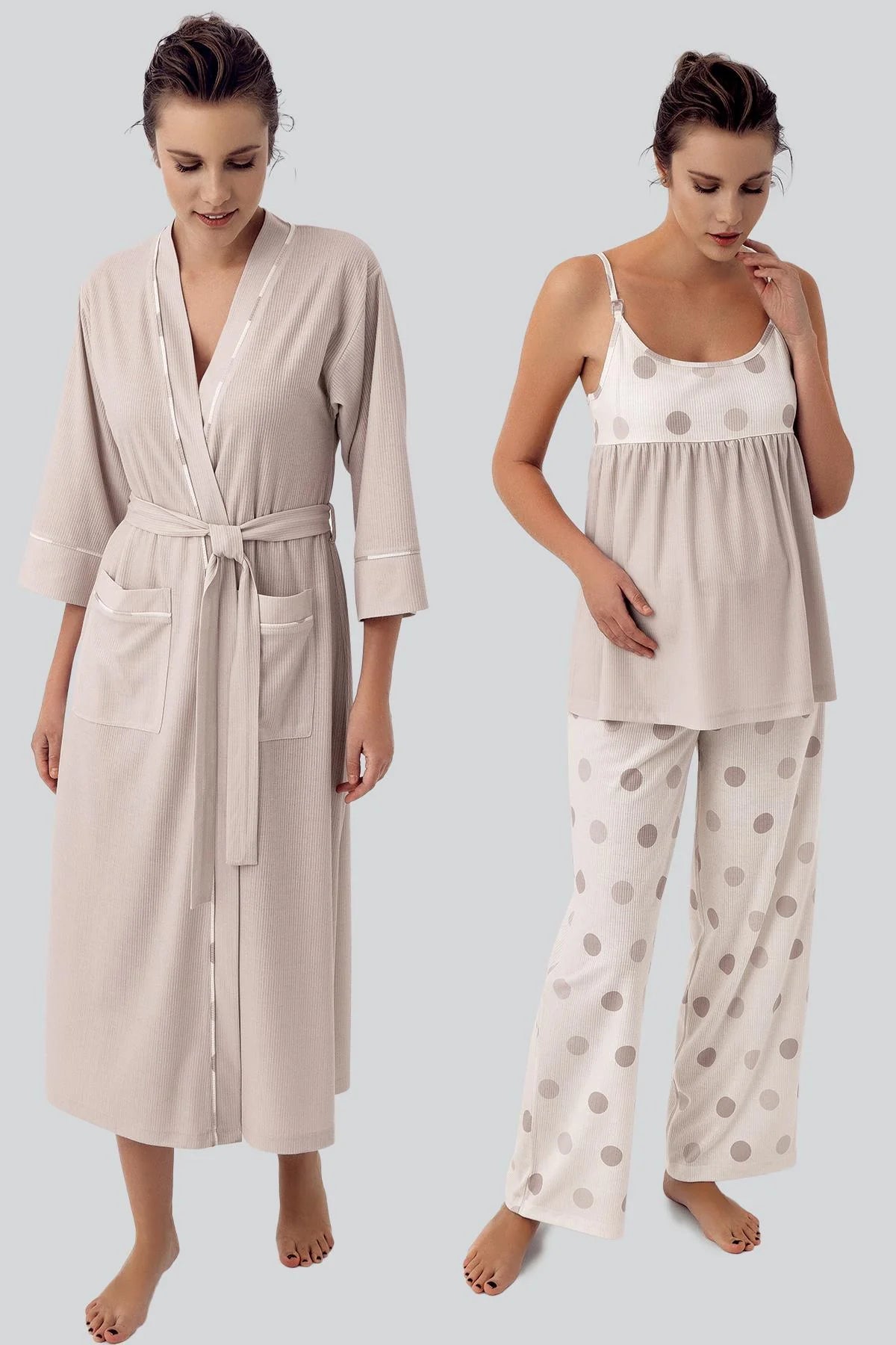 Shopymommy 16301 Polka Dot 3-Pieces Maternity & Nursing Pajamas With Robe Beige