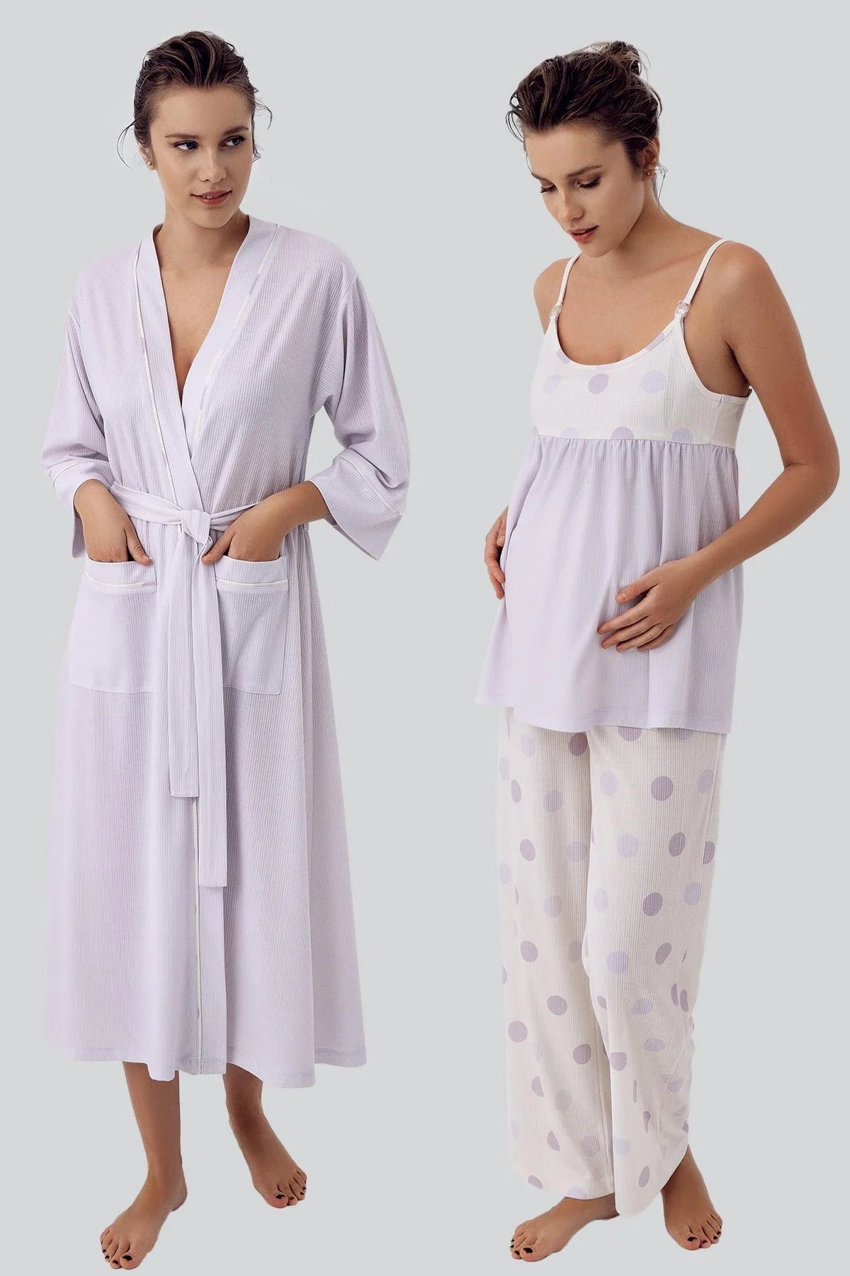 Shopymommy 16301 Polka Dot 3-Pieces Maternity & Nursing Pajamas With Robe Lilac