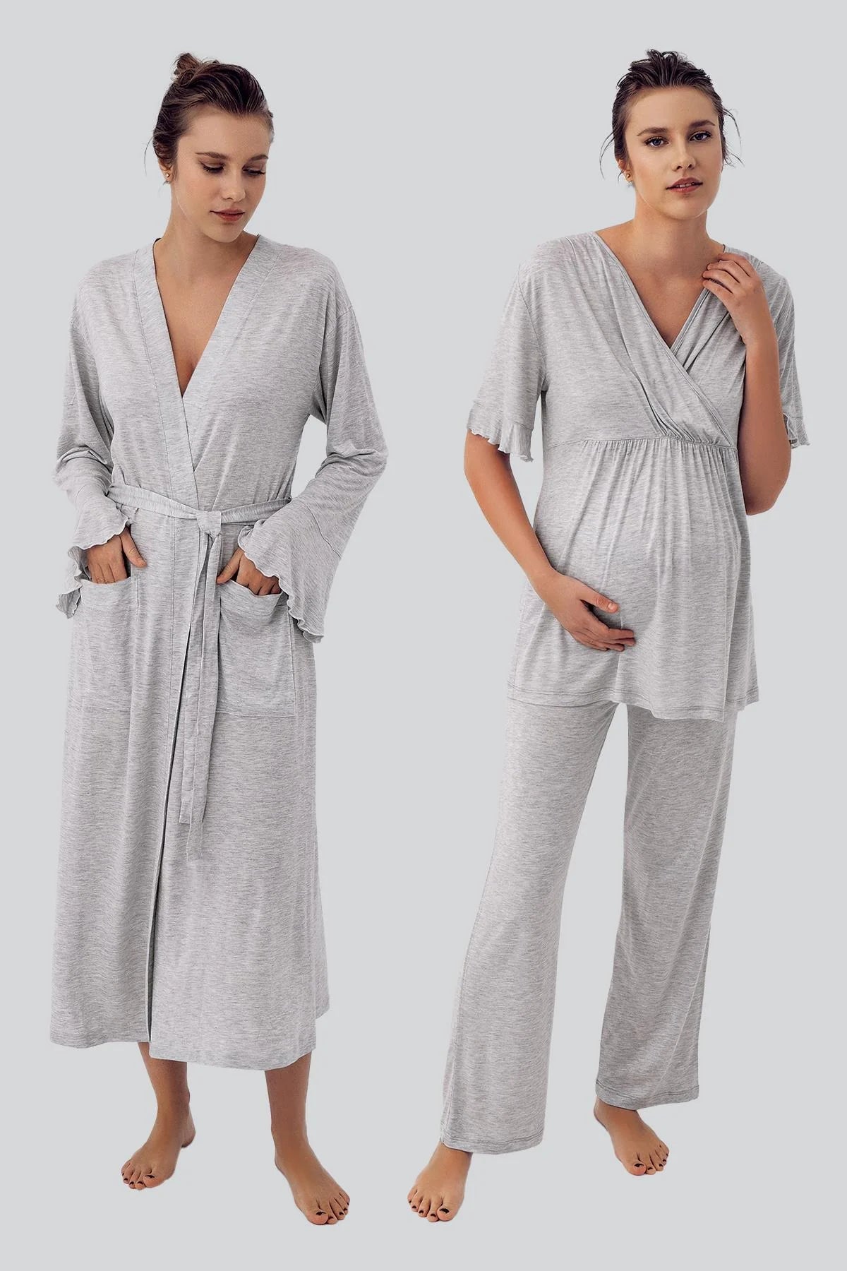 Shopymommy 16309 Double Breasted 3-Pieces Maternity & Nursing Pajamas With Flywheel Arm Robe Grey