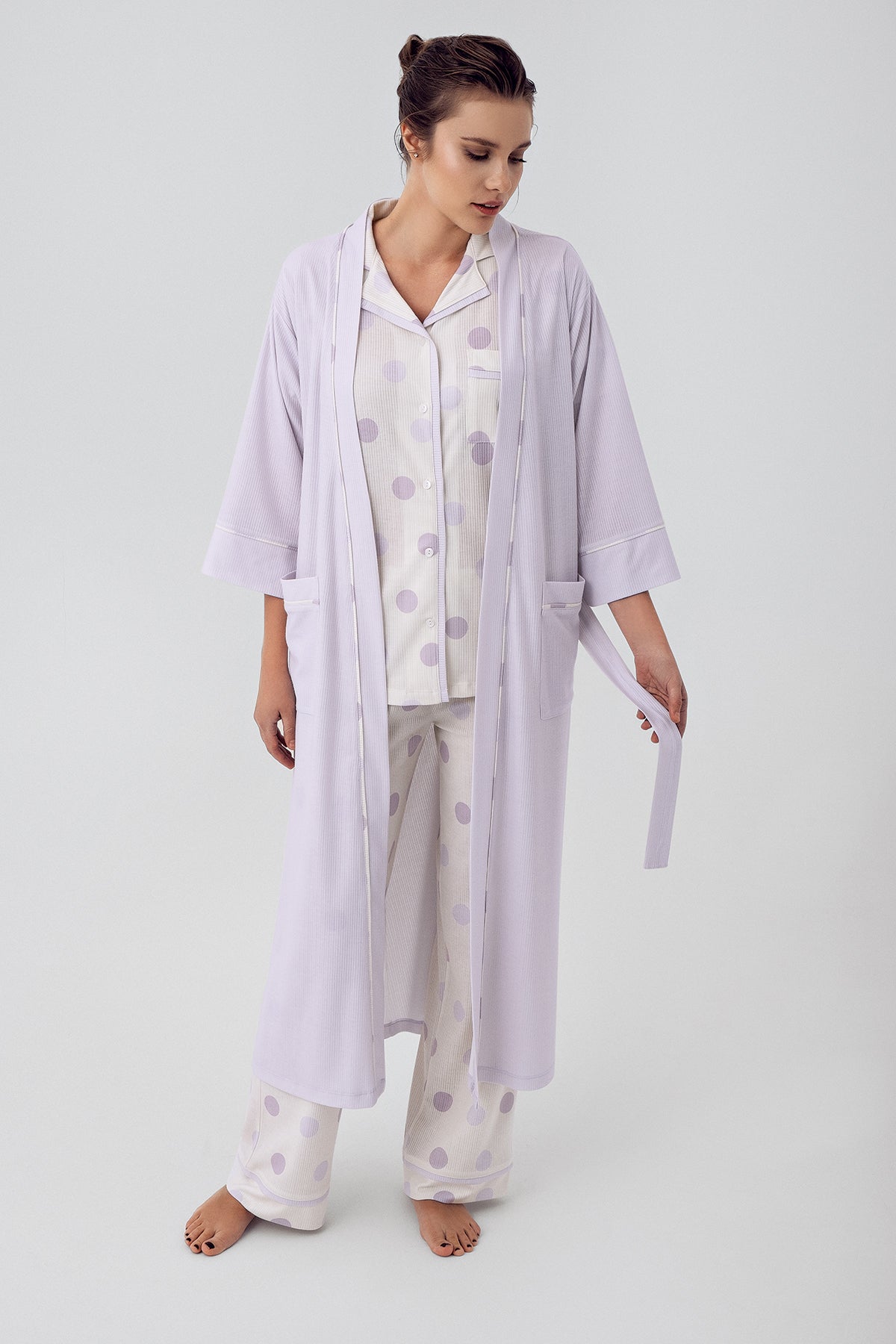 Shopymommy 16310 Polka Dot 3-Pieces Maternity & Nursing Pajamas With Robe Lilac