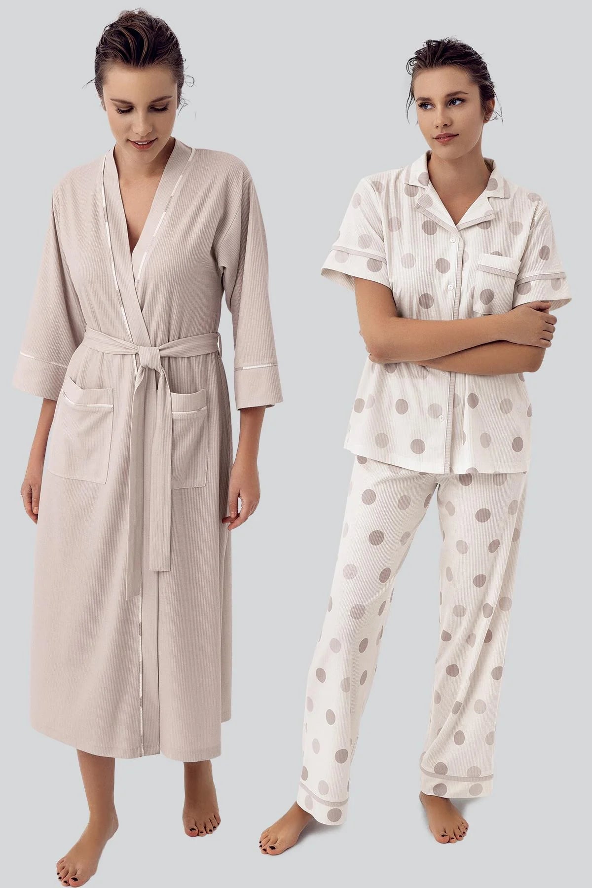 Shopymommy 16310 Polka Dot 3-Pieces Maternity & Nursing Pajamas With Robe Beige