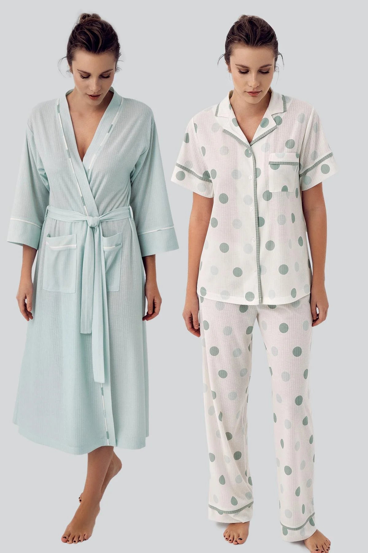 Shopymommy 16310 Polka Dot 3-Pieces Maternity & Nursing Pajamas With Robe Green