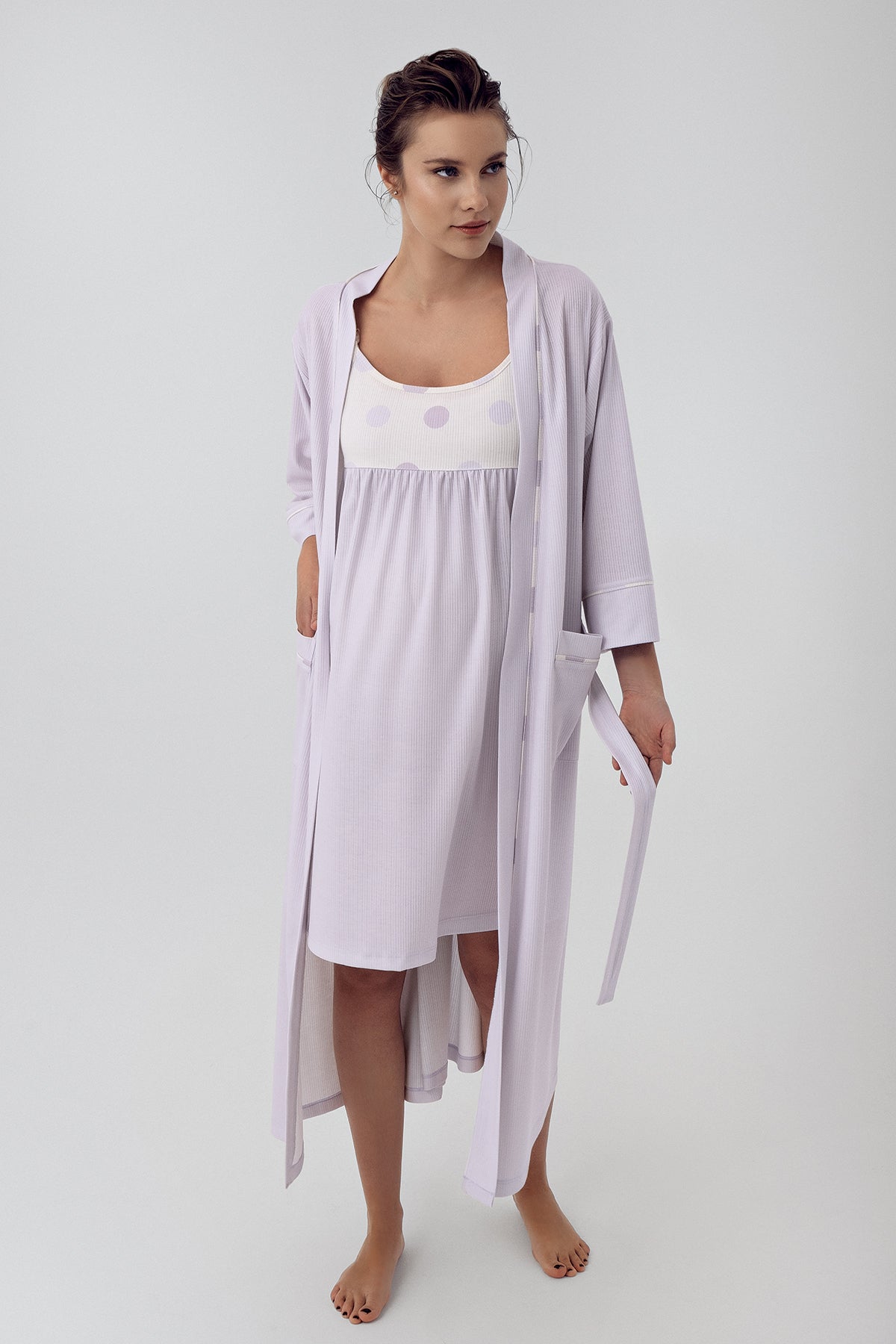 Shopymommy 16401 Polka Dot Maternity & Nursing Nightgown With Robe Lilac