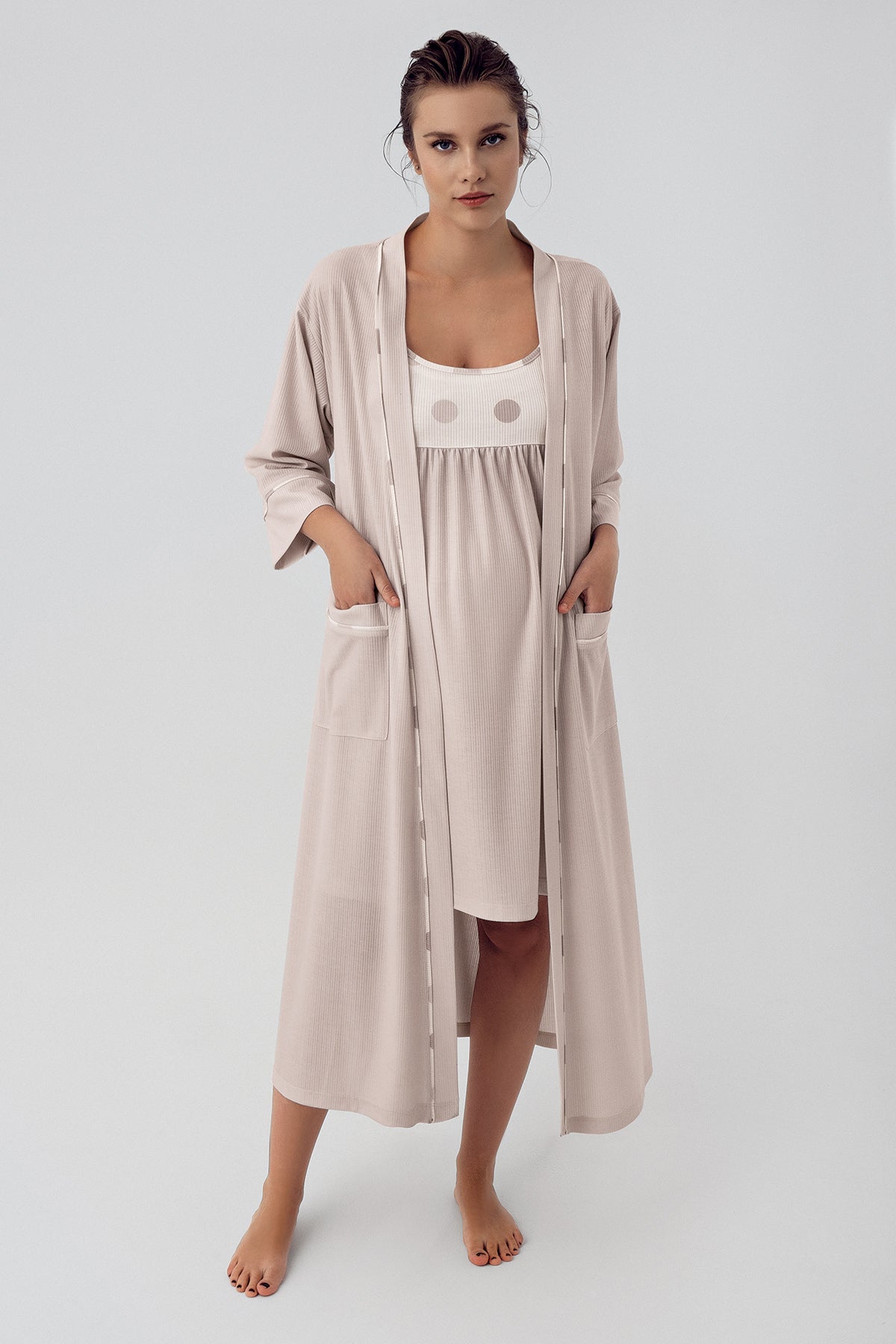 Shopymommy 16401 Polka Dot Maternity & Nursing Nightgown With Robe Beige