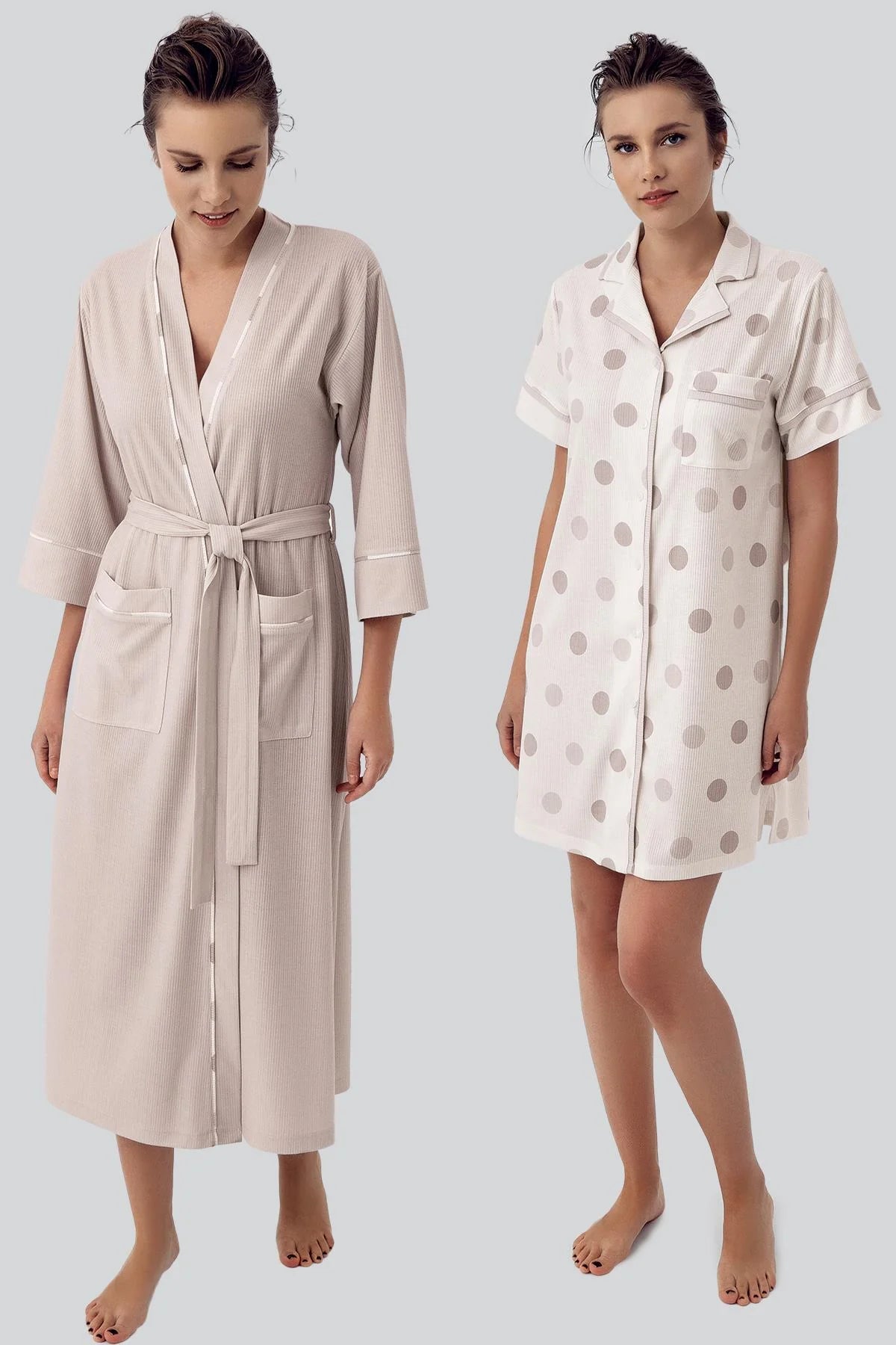 Shopymommy 16410 Polka Dot Maternity & Nursing Nightgown With Robe Beige
