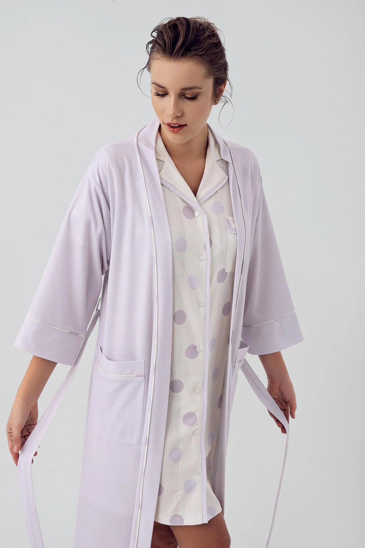 Shopymommy 16410 Polka Dot Maternity & Nursing Nightgown With Robe Lilac