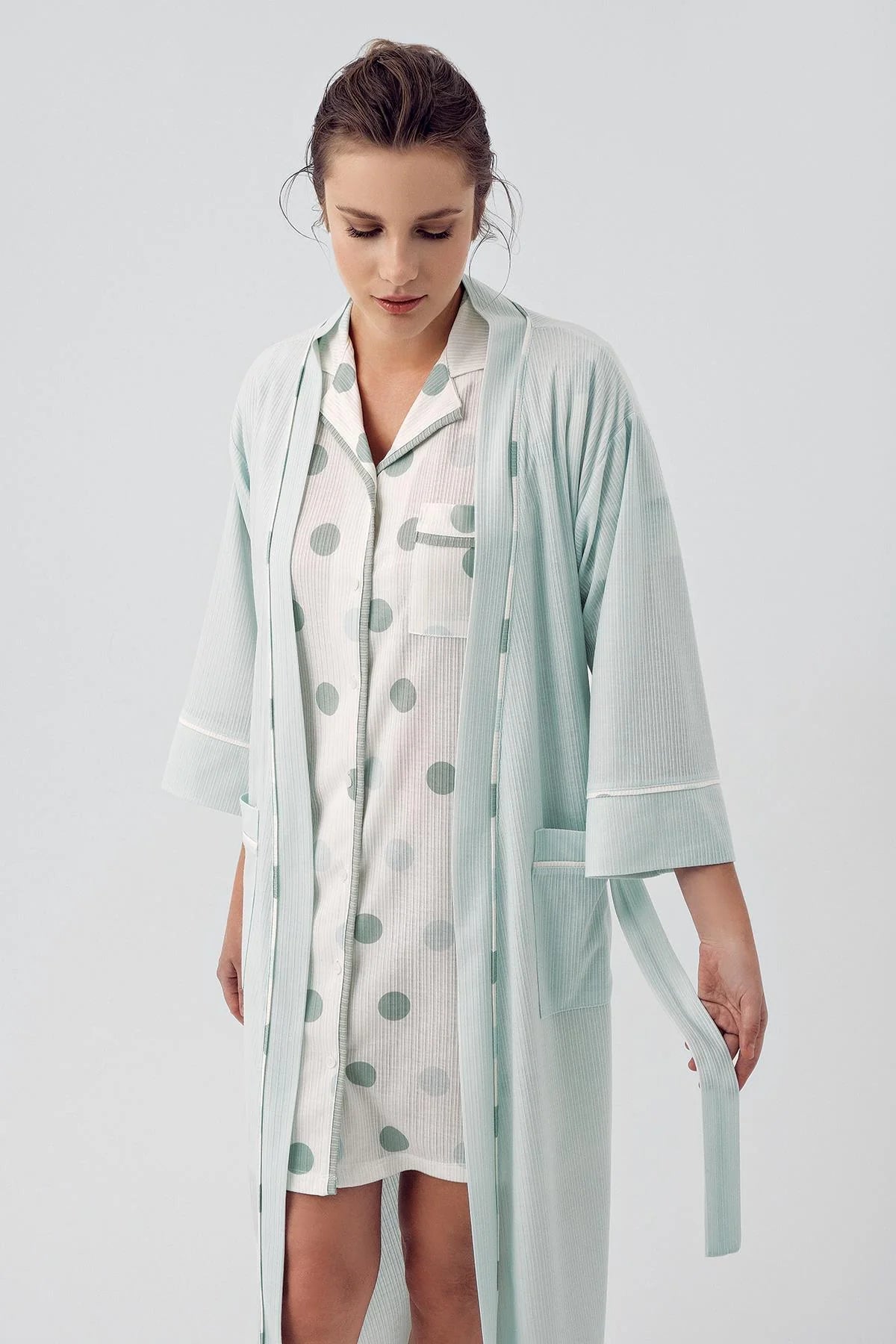 Shopymommy 16410 Polka Dot Maternity & Nursing Nightgown With Robe Green