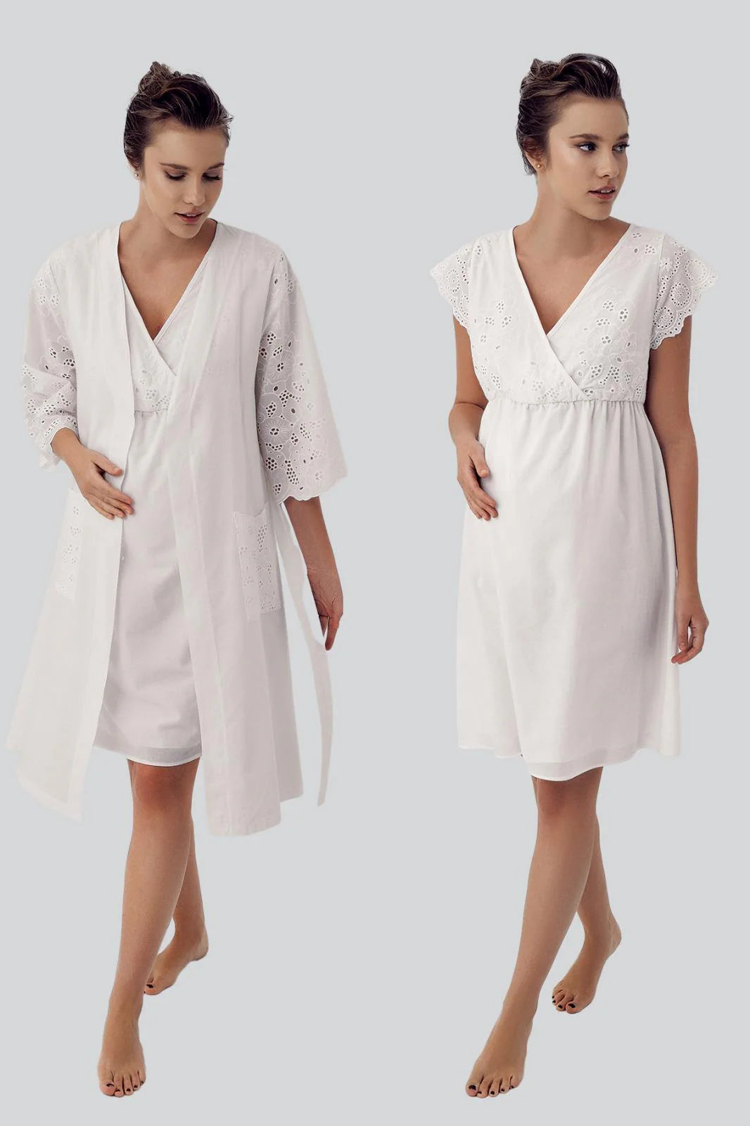 Shopymommy 16413 Double Breasted Maternity & Nursing Nightgown With Woven Robe Ecru