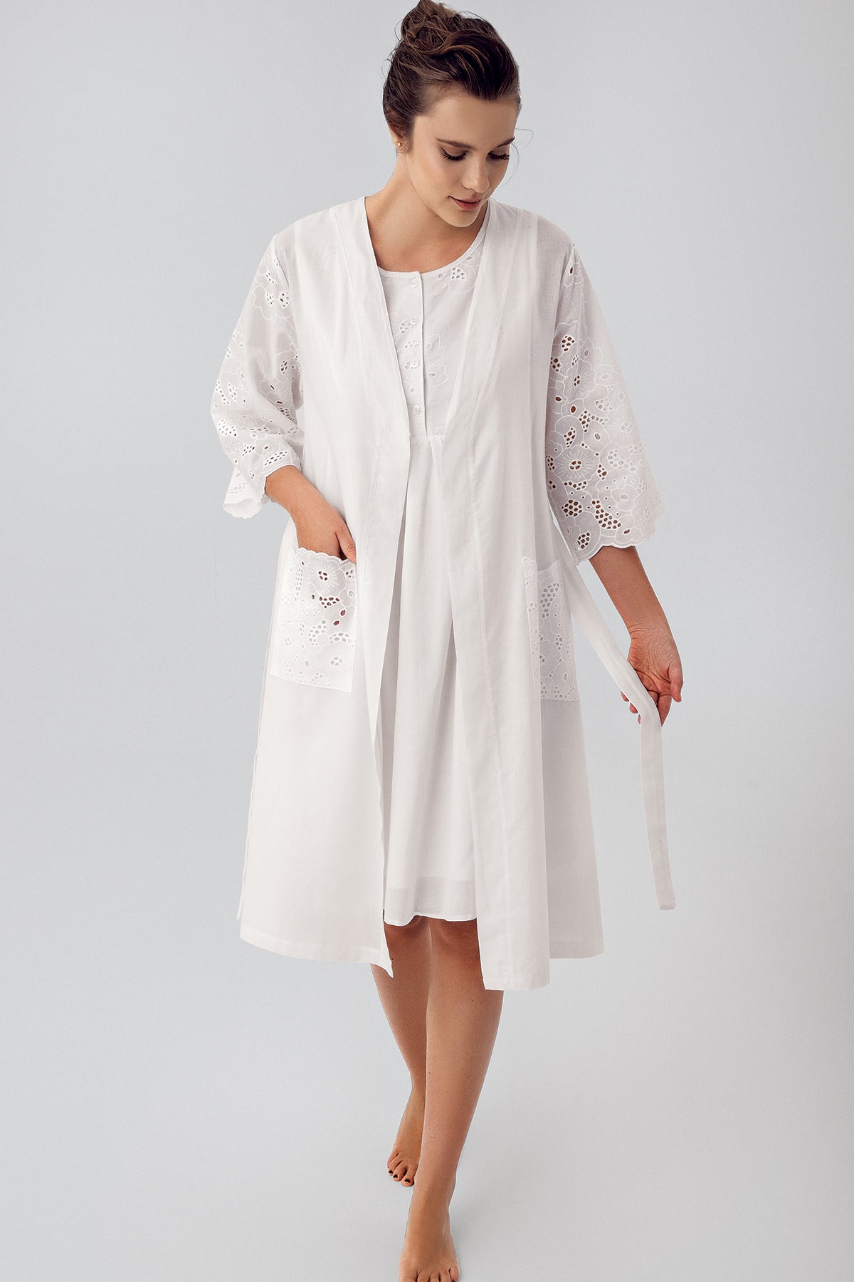 Shopymommy 16414 Embroidered Maternity & Nursing Nightgown With Robe Ecru