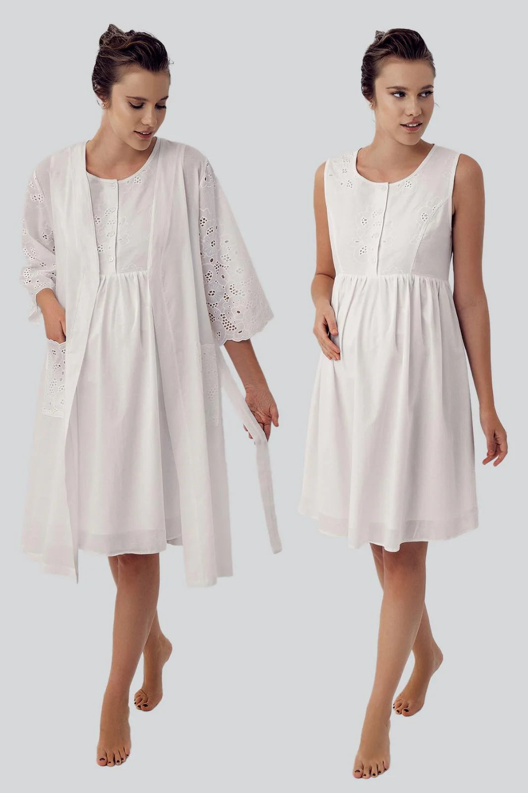 Shopymommy 16414 Embroidered Maternity & Nursing Nightgown With Robe Ecru