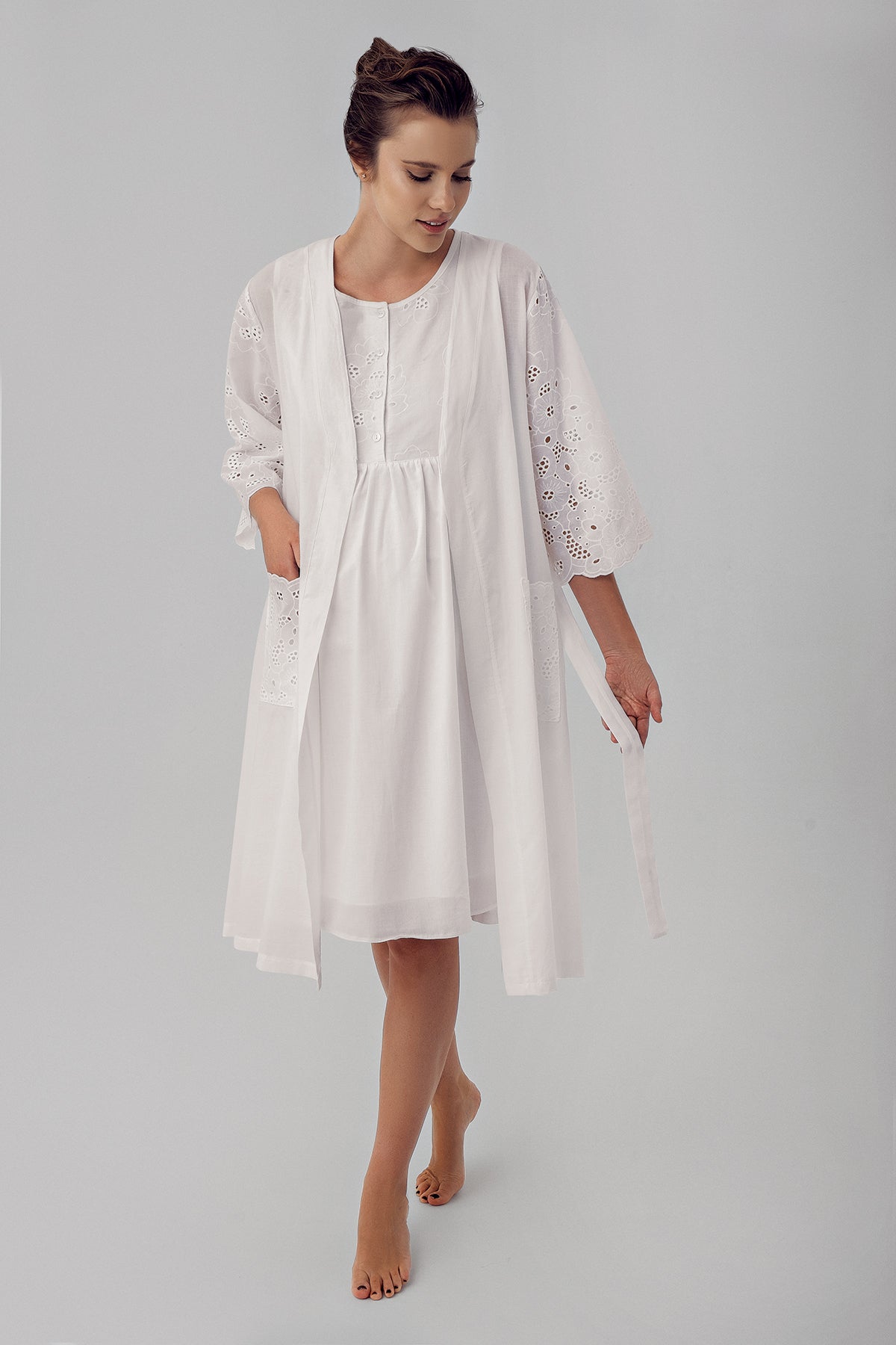 Shopymommy 16414 Embroidered Maternity & Nursing Nightgown With Robe Ecru