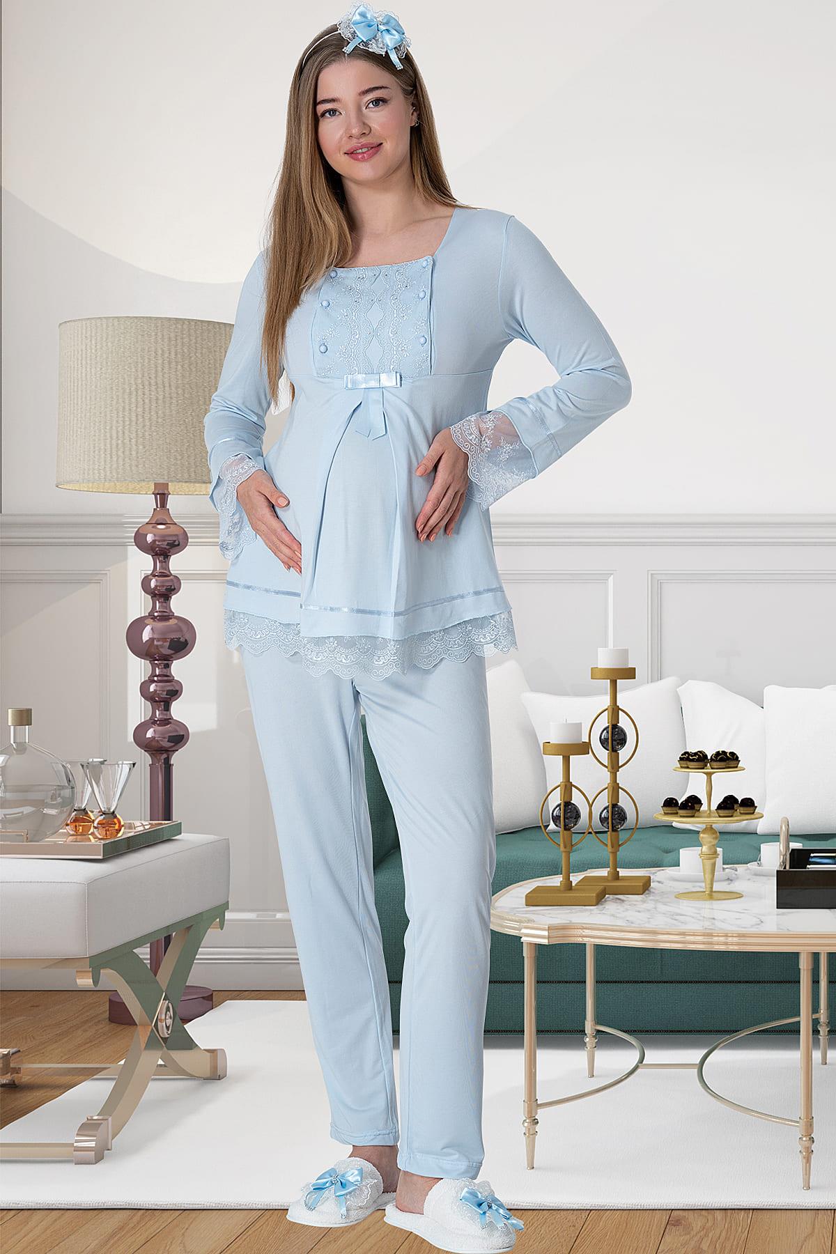 Shopymommy 1820 Lace Sleeve Maternity & Nursing Pajamas Blue