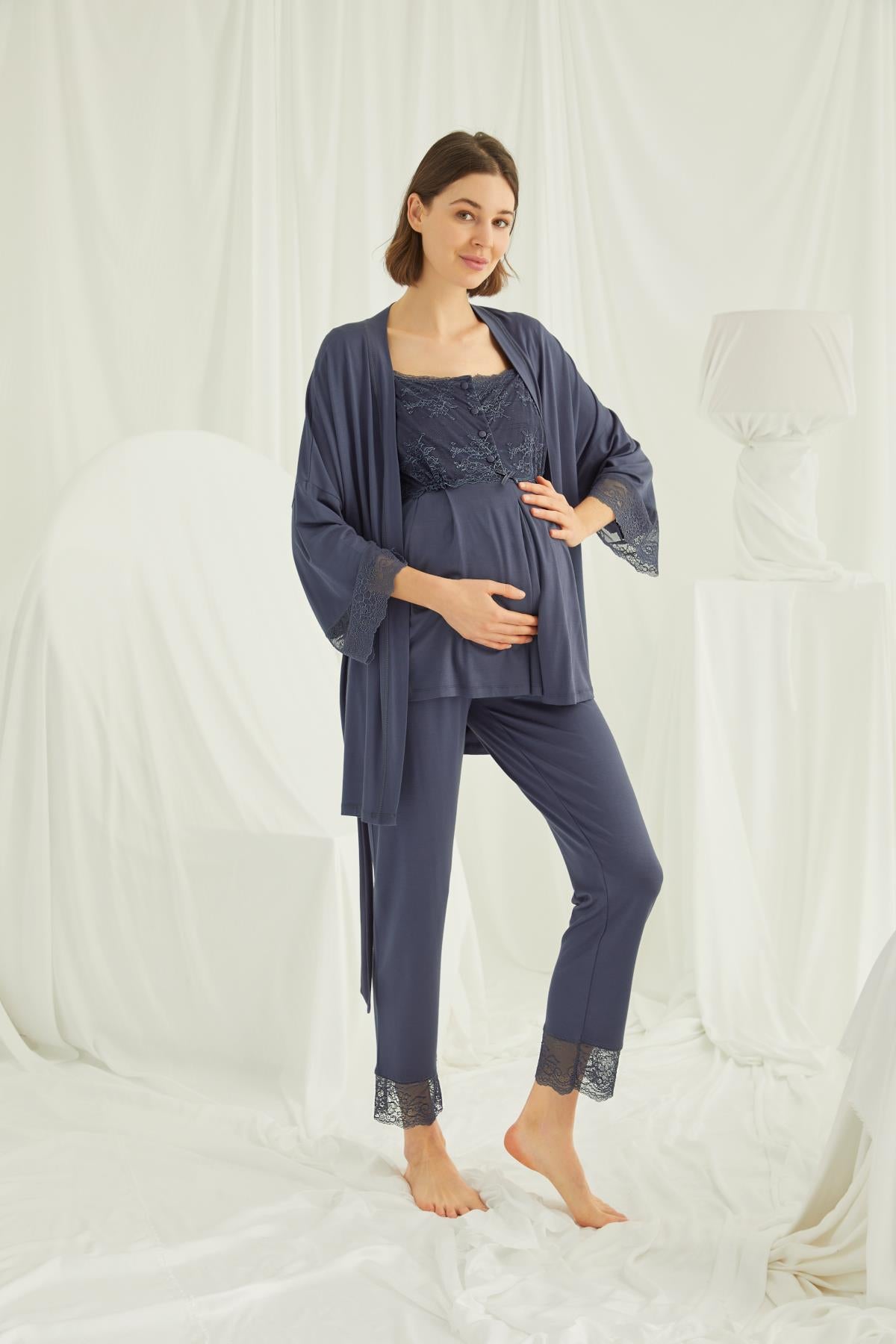 Shopymommy 18211 Lace 3-Pieces Maternity & Nursing Pajamas With Robe Navy Blue
