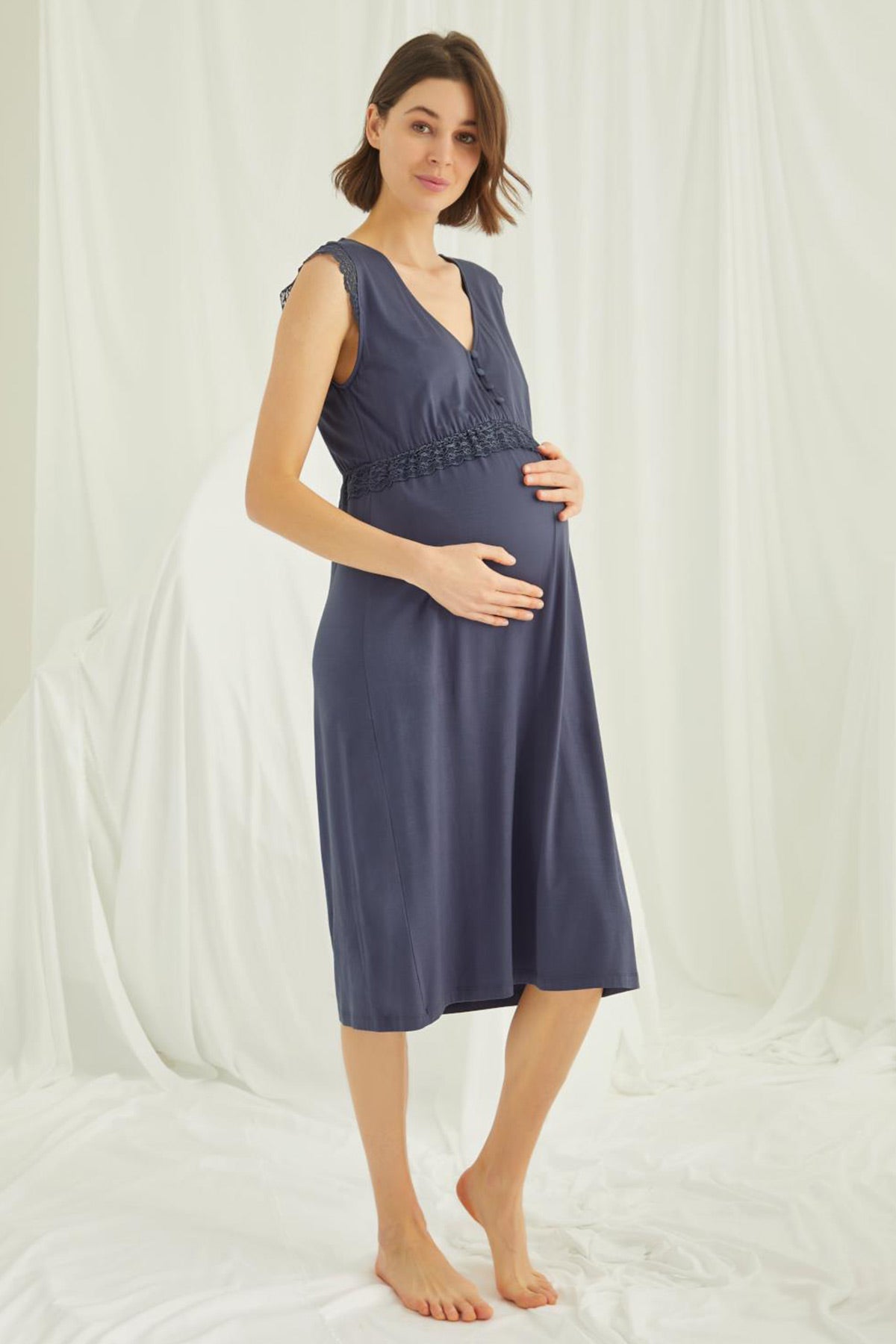 Shopymommy 18448 Lace V-Neck Maternity & Nursing Nightgown Navy Blue