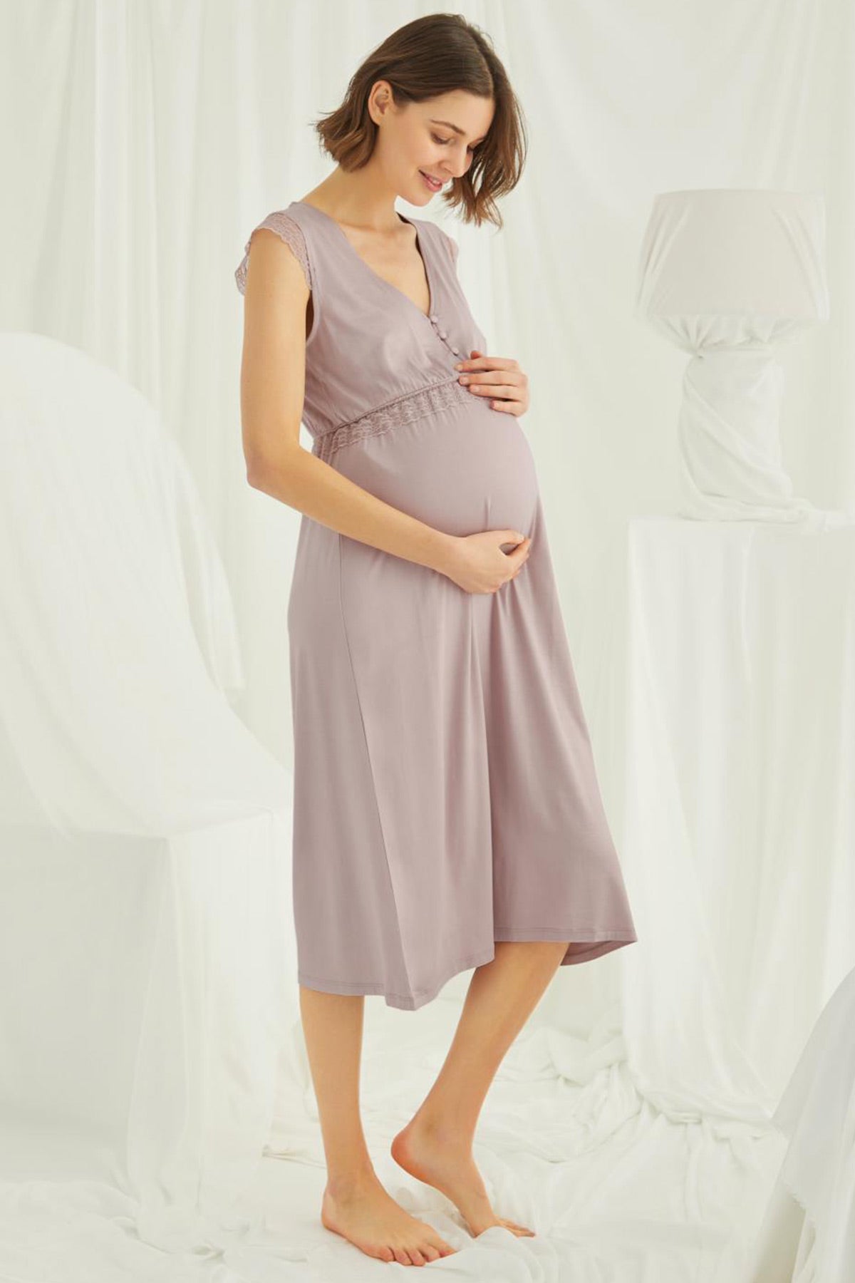 Shopymommy 18449 Lace V-Neck Maternity & Nursing Nightgown Coffee