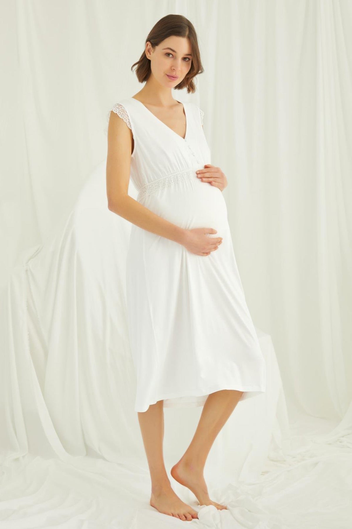 Shopymommy 18450 Lace V-Neck Maternity & Nursing Nightgown Ecru